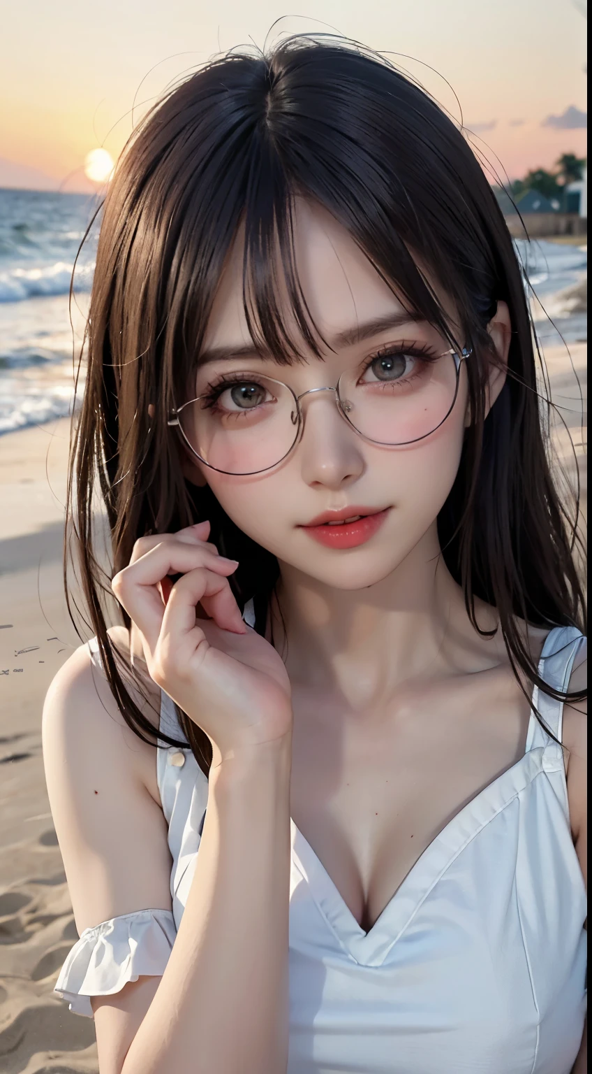 Maste piece, top quality, illustration, ultra-definition, detail, high resolution, 8K, perfect dynamic composition, beautiful eyes in every detail, wearing a dress, natural colored lips, beach, random cute pose, slender silver rimmed glasses, wearing glasses, perfect, beautiful face, cute, sexy face, sunset, feminine face