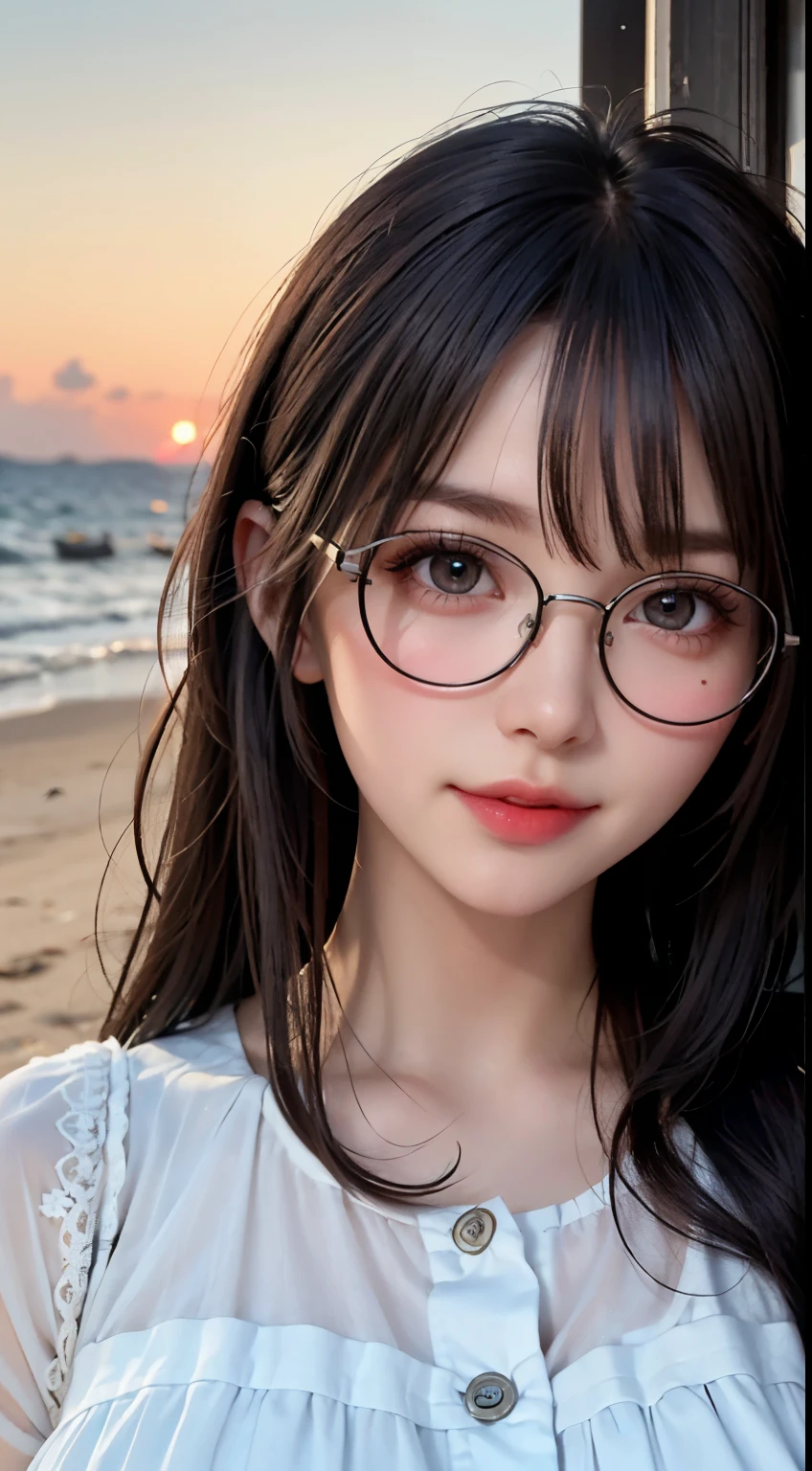 Maste piece, top quality, illustration, ultra-definition, detail, high resolution, 8K, perfect dynamic composition, beautiful eyes in every detail, wearing a dress, natural colored lips, beach, random cute pose, slender silver rimmed glasses, wearing glasses, perfect, beautiful face, cute, sexy face, sunset, feminine face