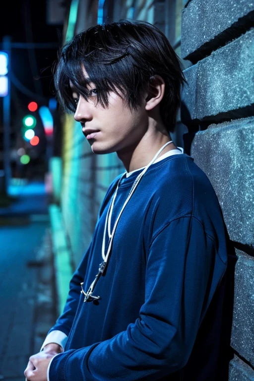 Daisuke Asakura、young man、Japanese、Idol、fresh、Sad、night、in the moonlight、leaning against the wall