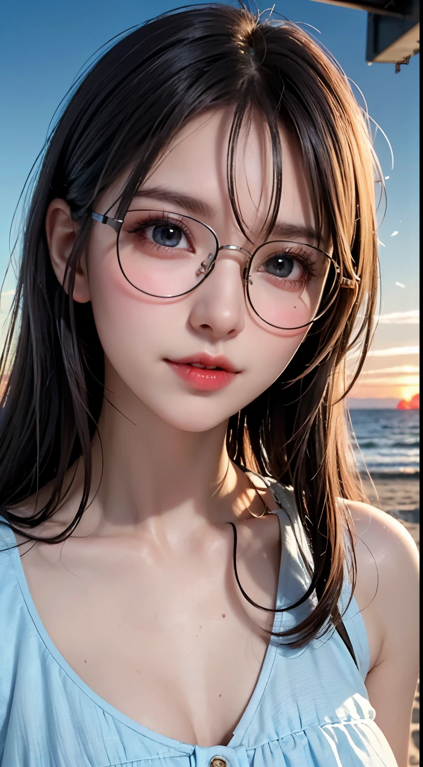 Maste piece, top quality, illustration, ultra-definition, detail, high resolution, 8K, perfect dynamic composition, beautiful eyes in every detail, wearing a dress, natural colored lips, beach, random cute pose, slender silver rimmed glasses, wearing glasses, perfect, beautiful face, cute, sexy face, sunset, feminine face