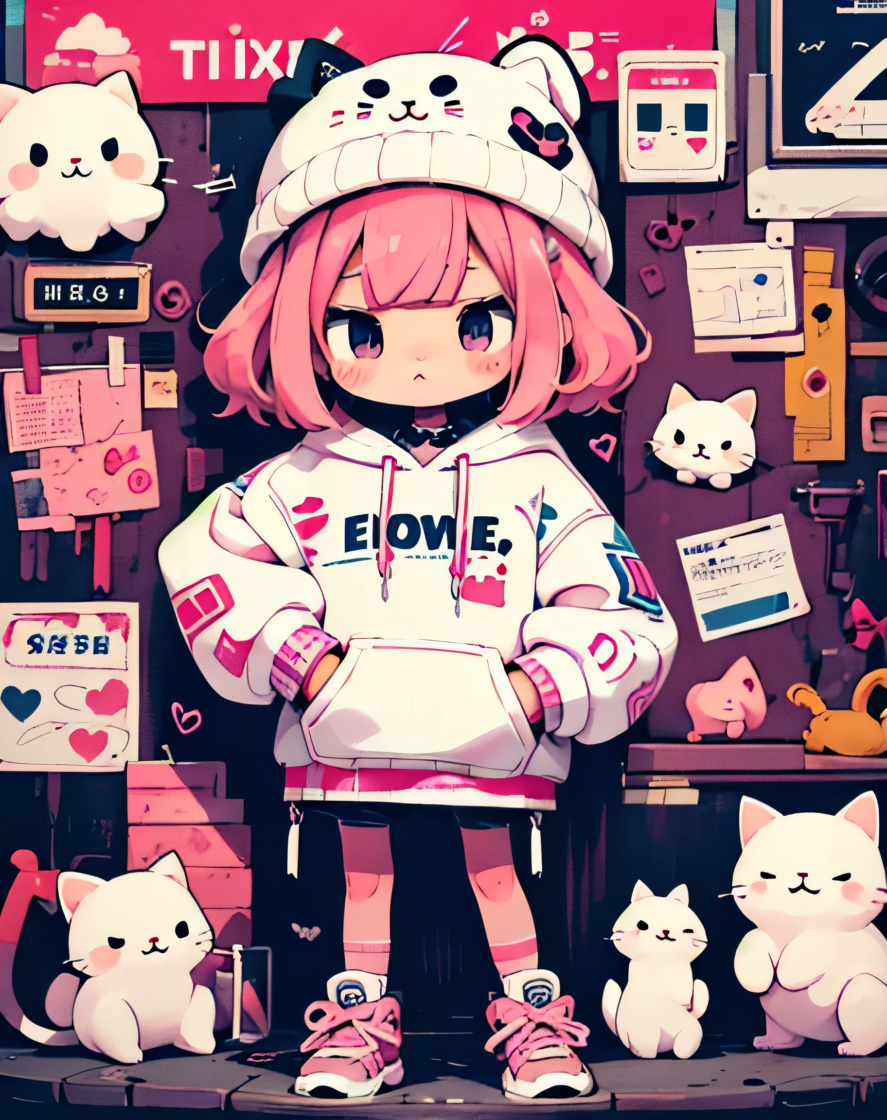 (((cute design)))、masterpiece,1 girl,alone,(((cutest girl ever)))、bob hair,pink hair,Fashionable hoodies,mob cap, street,put your hands on your hips, put one&#39;Hand in hand&#39;pocket of,