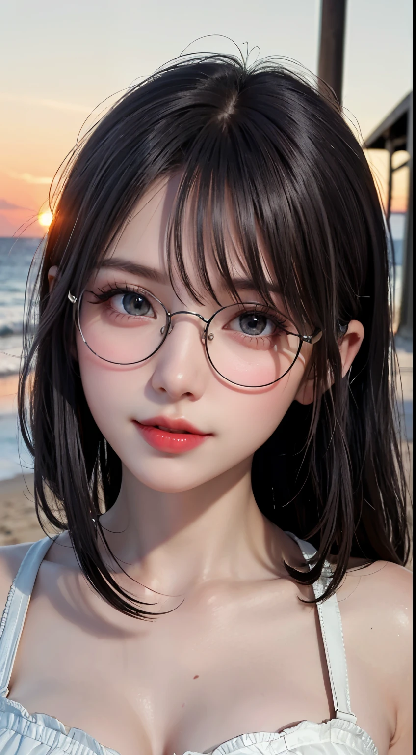 Maste piece, top quality, illustration, ultra-definition, detail, high resolution, 8K, perfect dynamic composition, beautiful eyes in every detail, wearing a dress, natural colored lips, beach, random cute pose, slender silver rimmed glasses, wearing glasses, perfect, beautiful face, cute, sexy face, sunset, feminine face