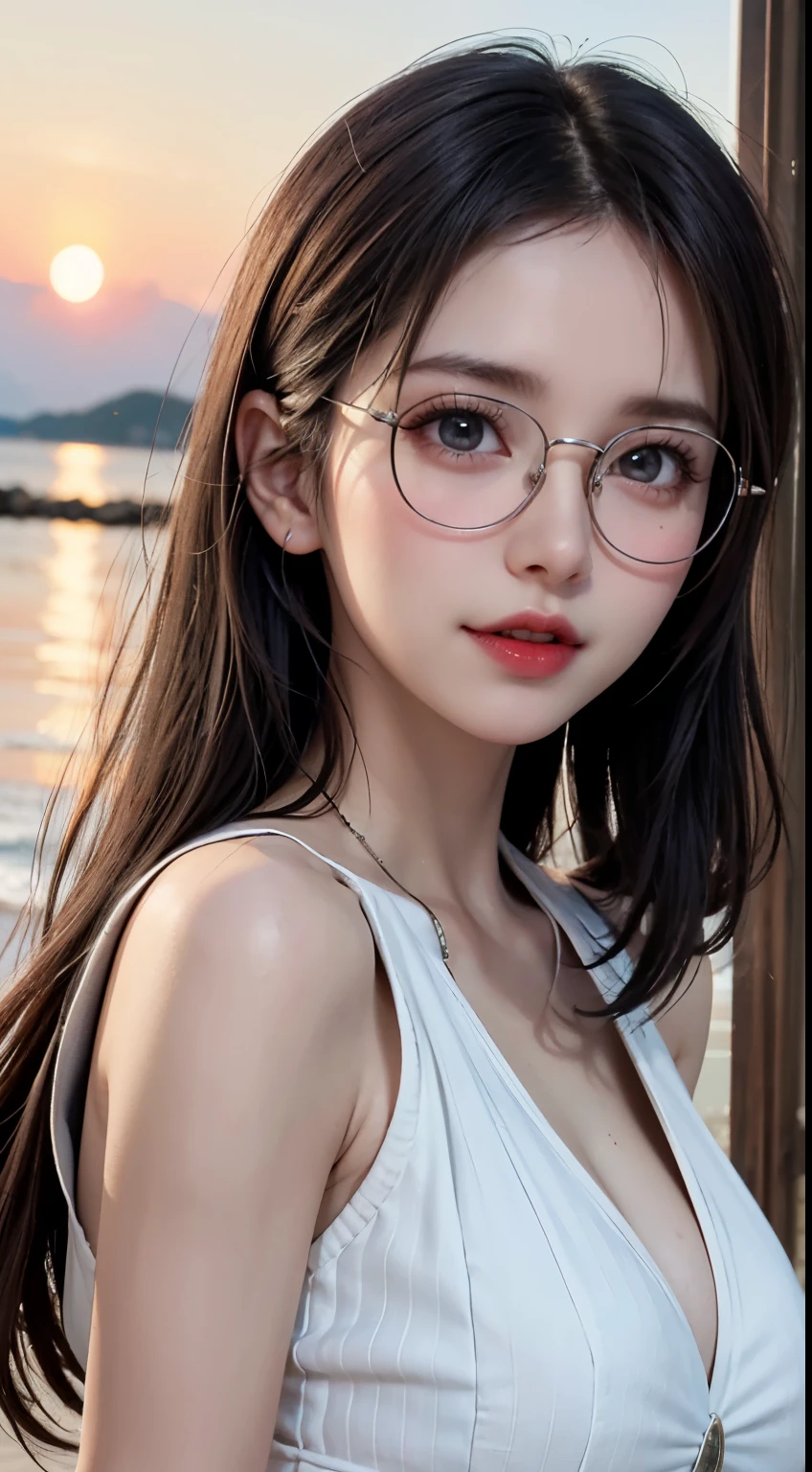 Maste piece, top quality, illustration, ultra-definition, detail, high resolution, 8K, perfect dynamic composition, beautiful eyes in every detail, wearing a dress, natural colored lips, beach, random cute pose, slender silver rimmed glasses, wearing glasses, perfect, beautiful face, cute, sexy face, sunset, feminine face