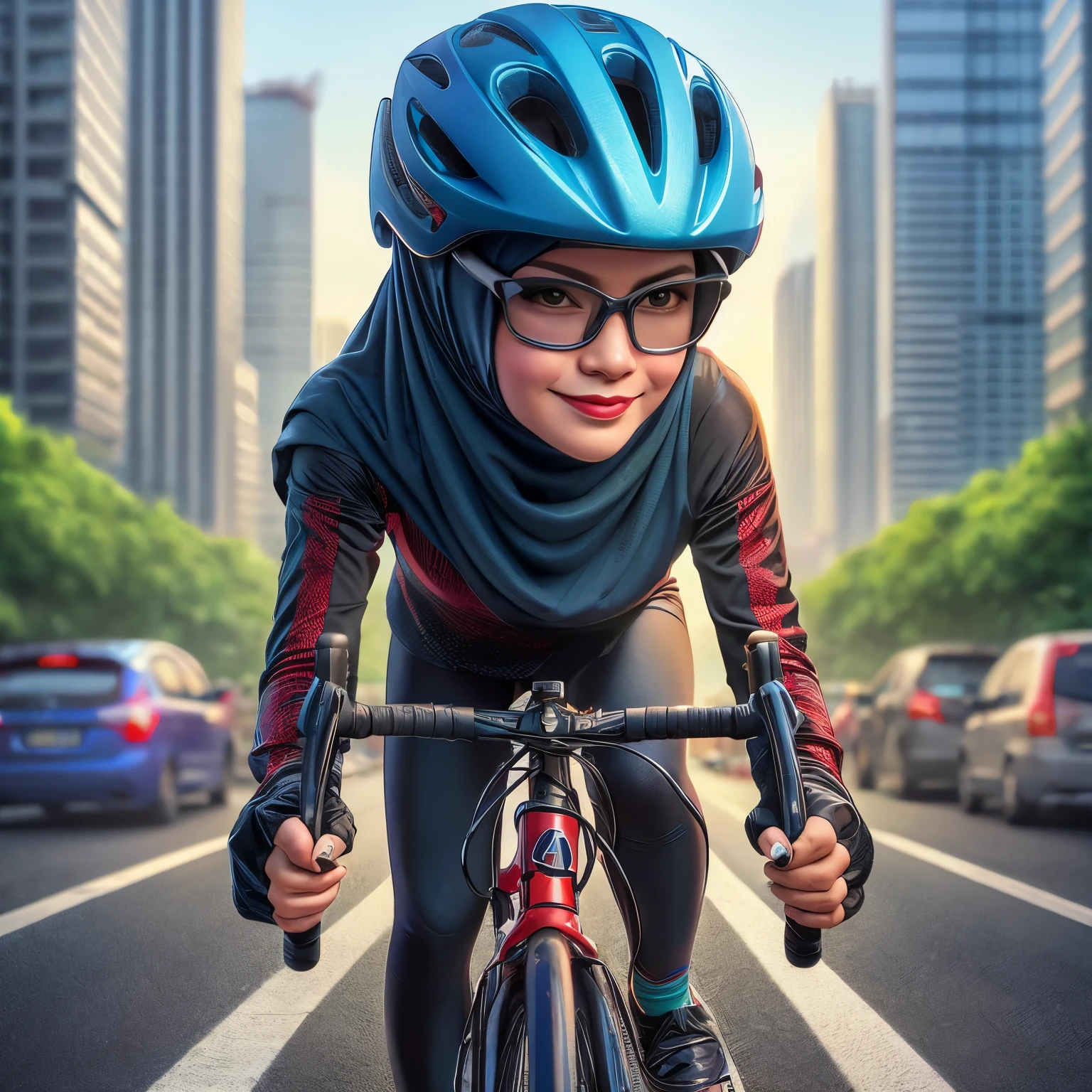 "4D caricature, 40 years old Indonesian woman, wearing hijab, wearing blue bicycle helmet, wearing black and red long sleeve jersey, wearing bicycle gloves, long pants, riding a roadbike, on the road near jakarta city, Indonesian road background, hyper-realistic, high contrast, high color effect, 8K, detail, focus"