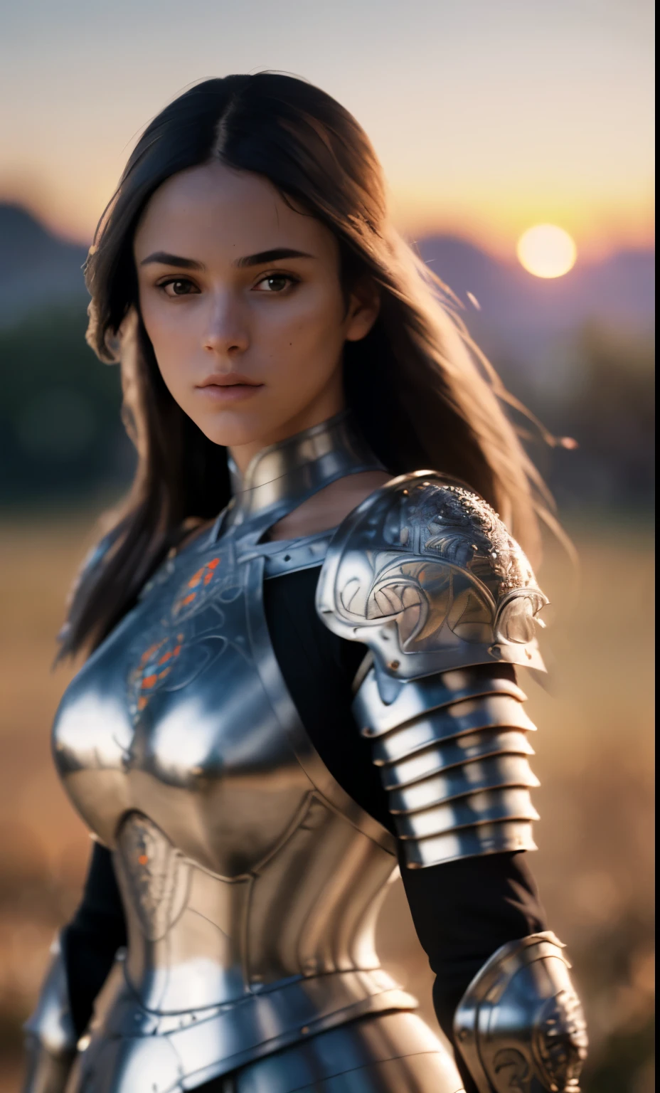 (masterpiece), (extremely intricate:1.3), (realistic), portrait of a girl, the most beautiful in the world, (medieval armor), metal reflections, upper body, outdoors, intense sunlight, far away castle, professional photograph of a stunning woman detailed, sharp focus, dramatic, award winning, cinematic lighting, octane render unreal engine, volumetrics dtx, (film grain, blurry background, blurry foreground, bokeh, depth of field, sunset, motion blur:1.3), chainmail