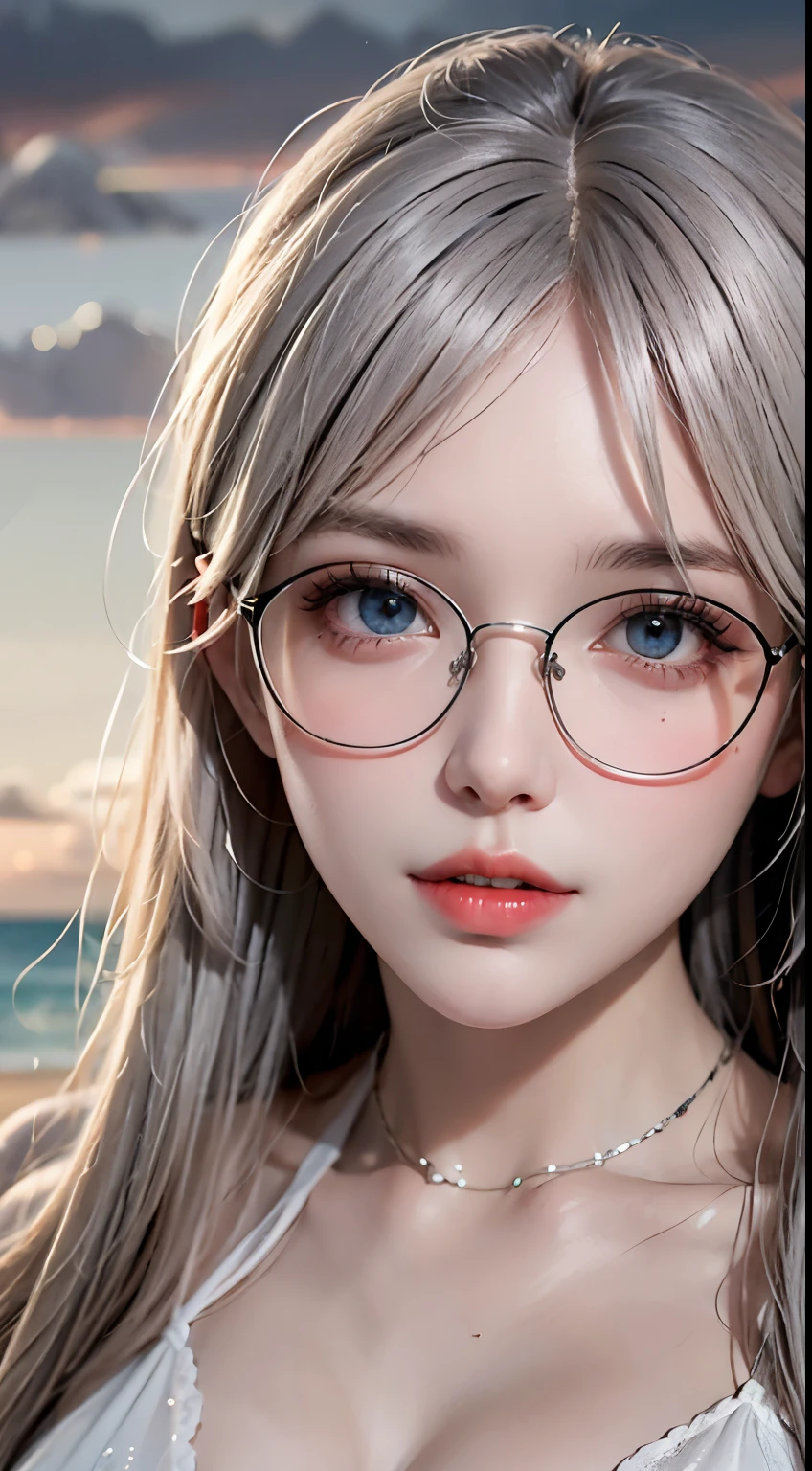 Maste piece, top quality, illustration, ultra-definition, detail, high resolution, 8K, perfect dynamic composition, beautiful eyes in every detail, wearing a dress, natural colored lips, beach, random cute pose, slender silver rimmed glasses, wearing glasses, perfect, beautiful face, cute, sexy face, sunset, feminine face