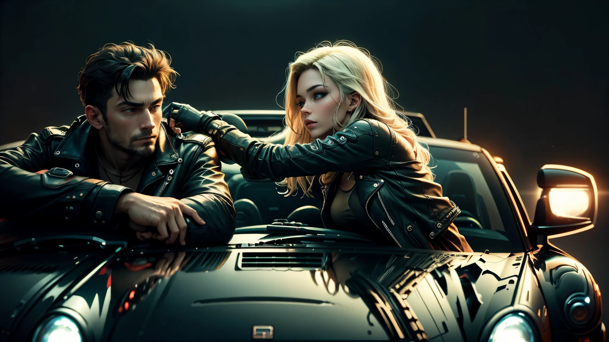 best quality, ultra high resolution,masterpiece, A man wearing a black leather jacket and his sexy girlfriend,Sitting in a convertible Porsche,Drop money into the air