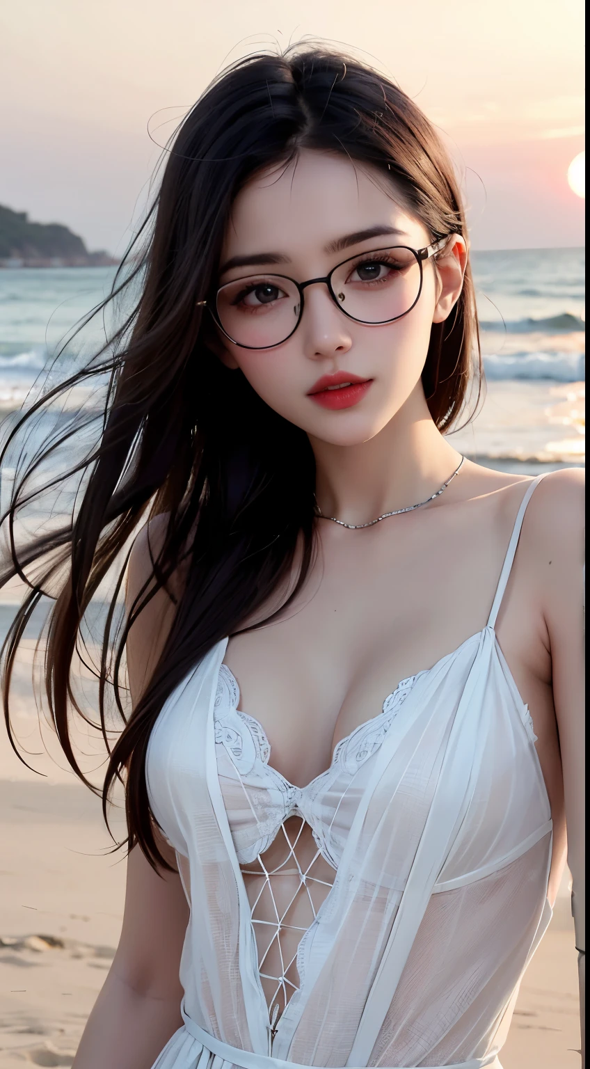 Maste piece, top quality, illustration, ultra-definition, detail, high resolution, 8K, perfect dynamic composition, beautiful eyes in every detail, wearing a dress, natural colored lips, beach, random cute pose, slender silver rimmed glasses, wearing glasses, perfect, beautiful face, cute, sexy face, sunset, feminine face