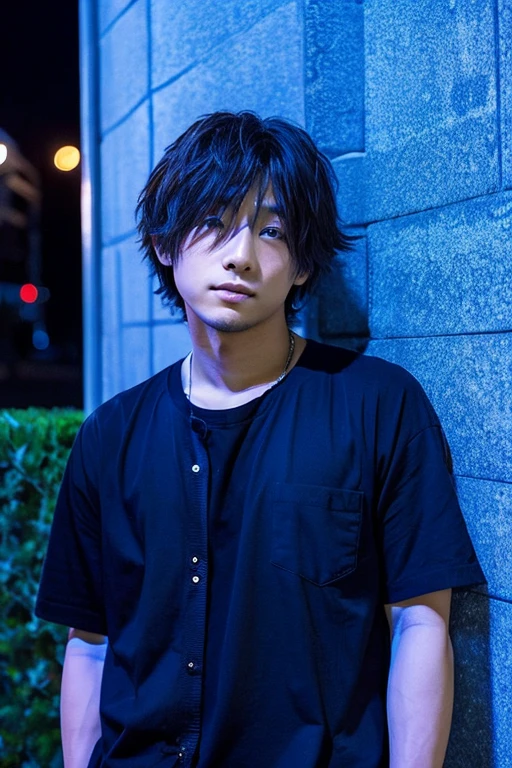 Daisuke Asakura、young man、Japanese、Idol、fresh、Lonely、night、in the moonlight、leaning against the wall