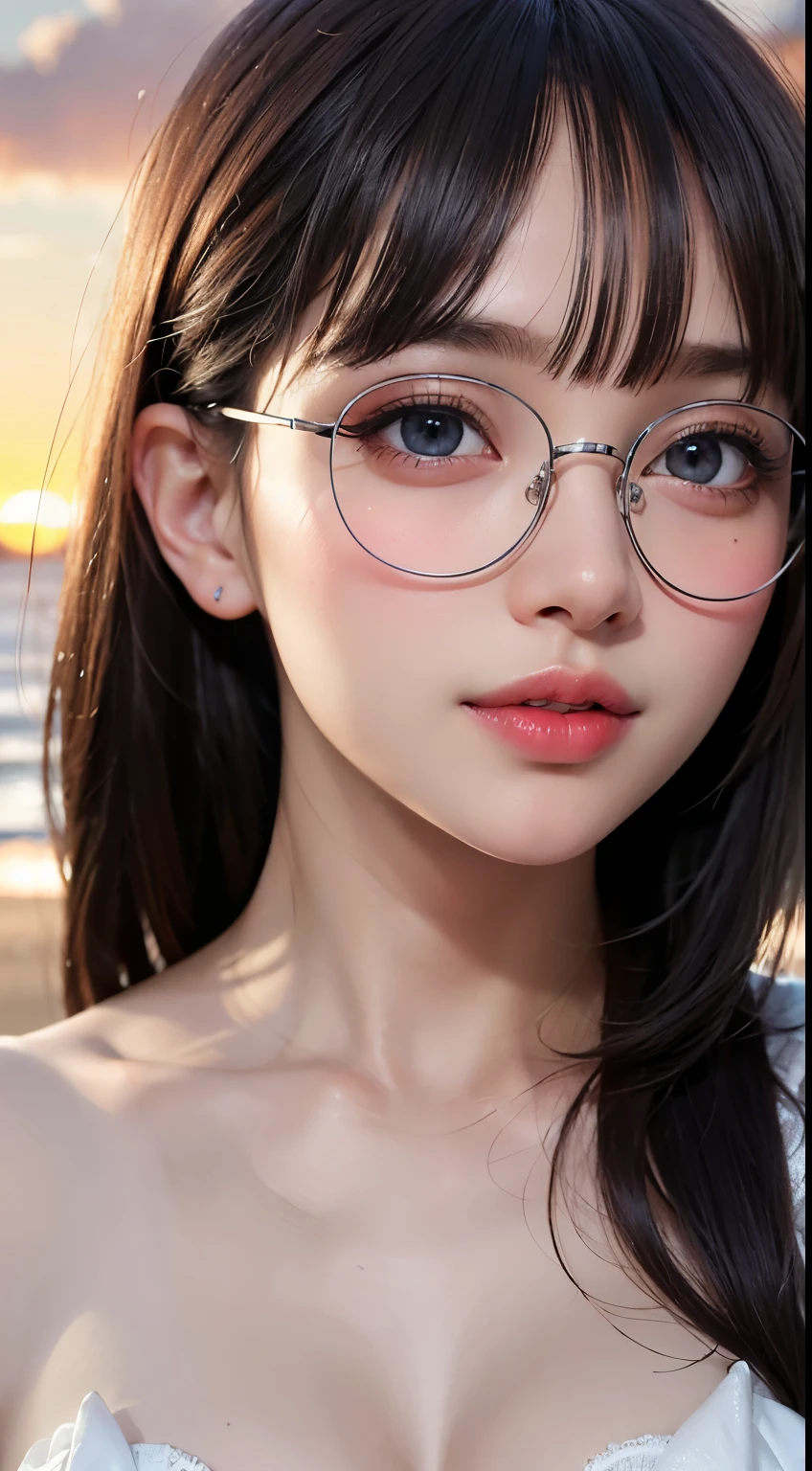 Maste piece, top quality, illustration, ultra-definition, detail, high resolution, 8K, perfect dynamic composition, beautiful eyes in every detail, wearing a dress, natural colored lips, beach, random cute pose, slender silver rimmed glasses, wearing glasses, perfect, beautiful face, cute, sexy face, sunset, feminine face