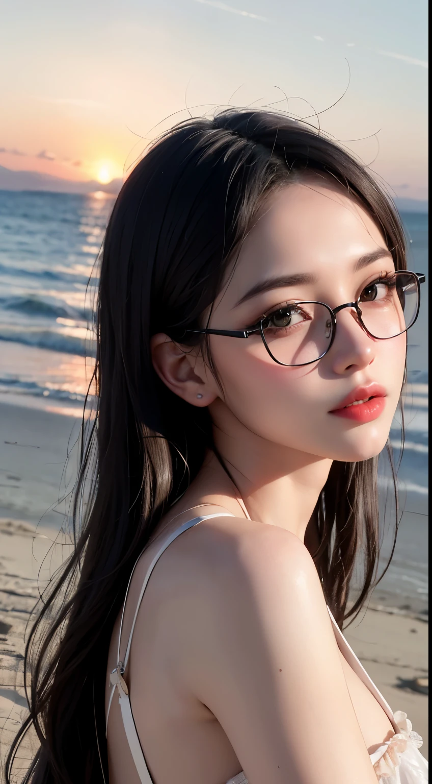 Maste piece, top quality, illustration, ultra-definition, detail, high resolution, 8K, perfect dynamic composition, beautiful eyes in every detail, wearing a dress, natural colored lips, beach, random cute pose, slender silver rimmed glasses, wearing glasses, perfect, beautiful face, cute, sexy face, sunset, feminine face