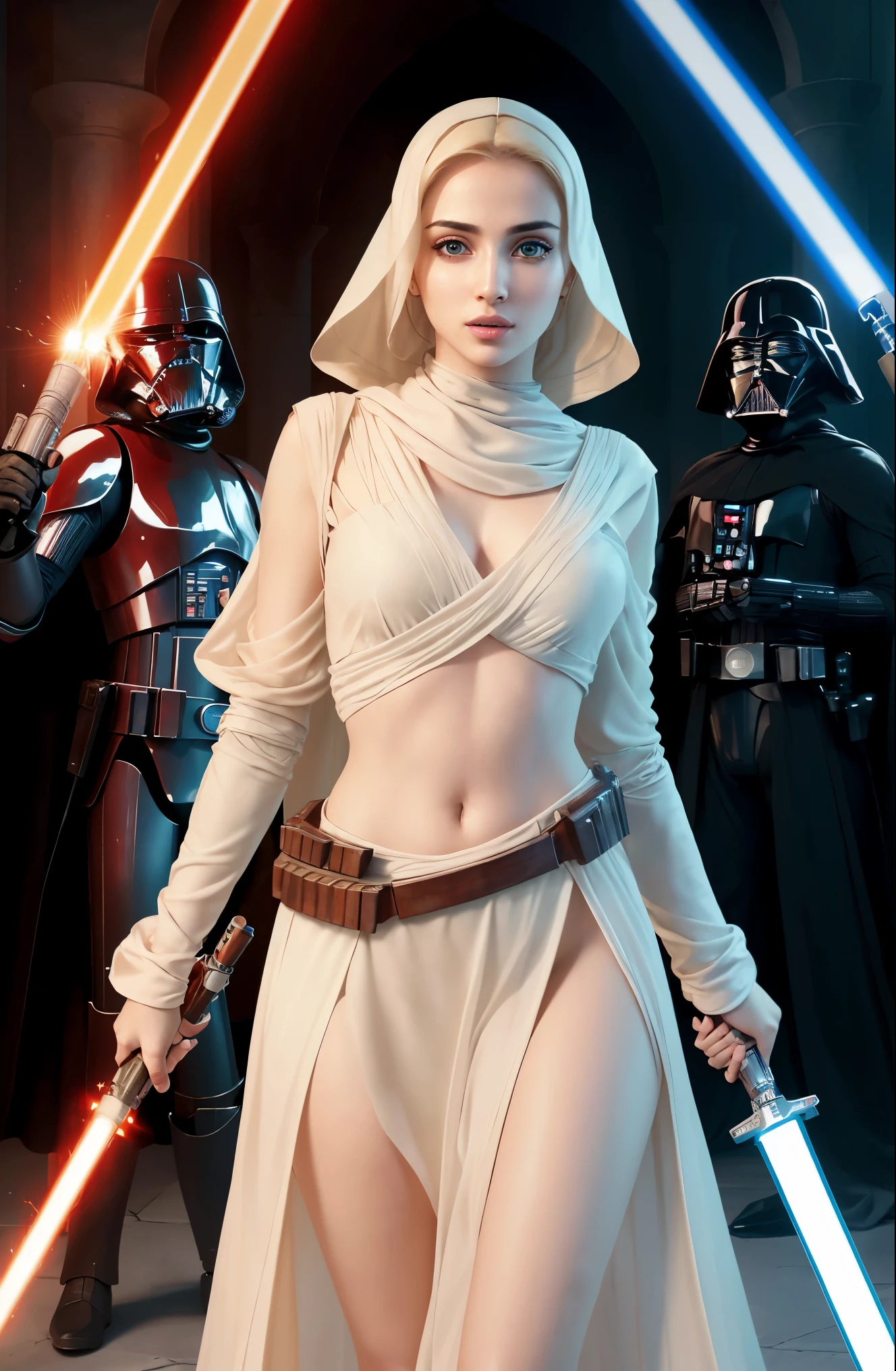 Ultra realistic, Cinematic, portrait of Arabic beautiful 22 years old woman, blonde hair, body, full body,pale skin, beautiful face, perfect hands, lightsaber in hand action pose holding, detailed face, hip is cocked and wide, action pose, star wars, lightsaber pose, red, lightsaber, Standing ((looking at viewer:1.4)),((face towards
