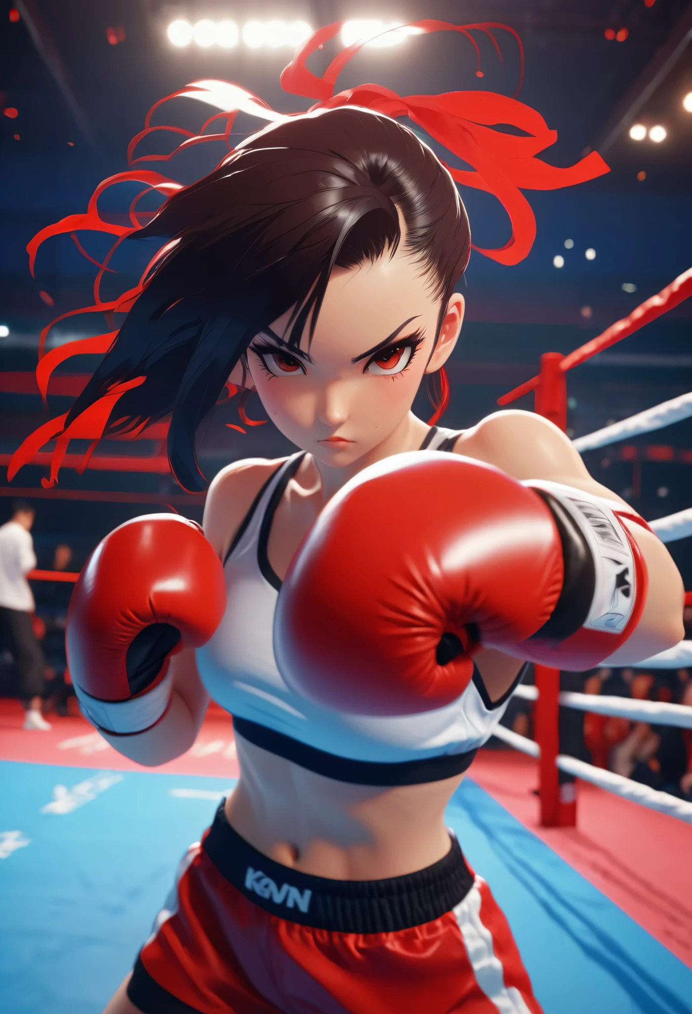 anime girl in boxing gear with red gloves in a boxing ring, in a fighting stance, badass anime 8 k, she is ready to fight, in a boxing ring, in a fighting pose, fighting game character, ilya kuvshinov. 4 k, boxing, anime style 4 k, fight pose, fighting stance, female action anime girl, makoto Female boxer knocks opponent to the ground