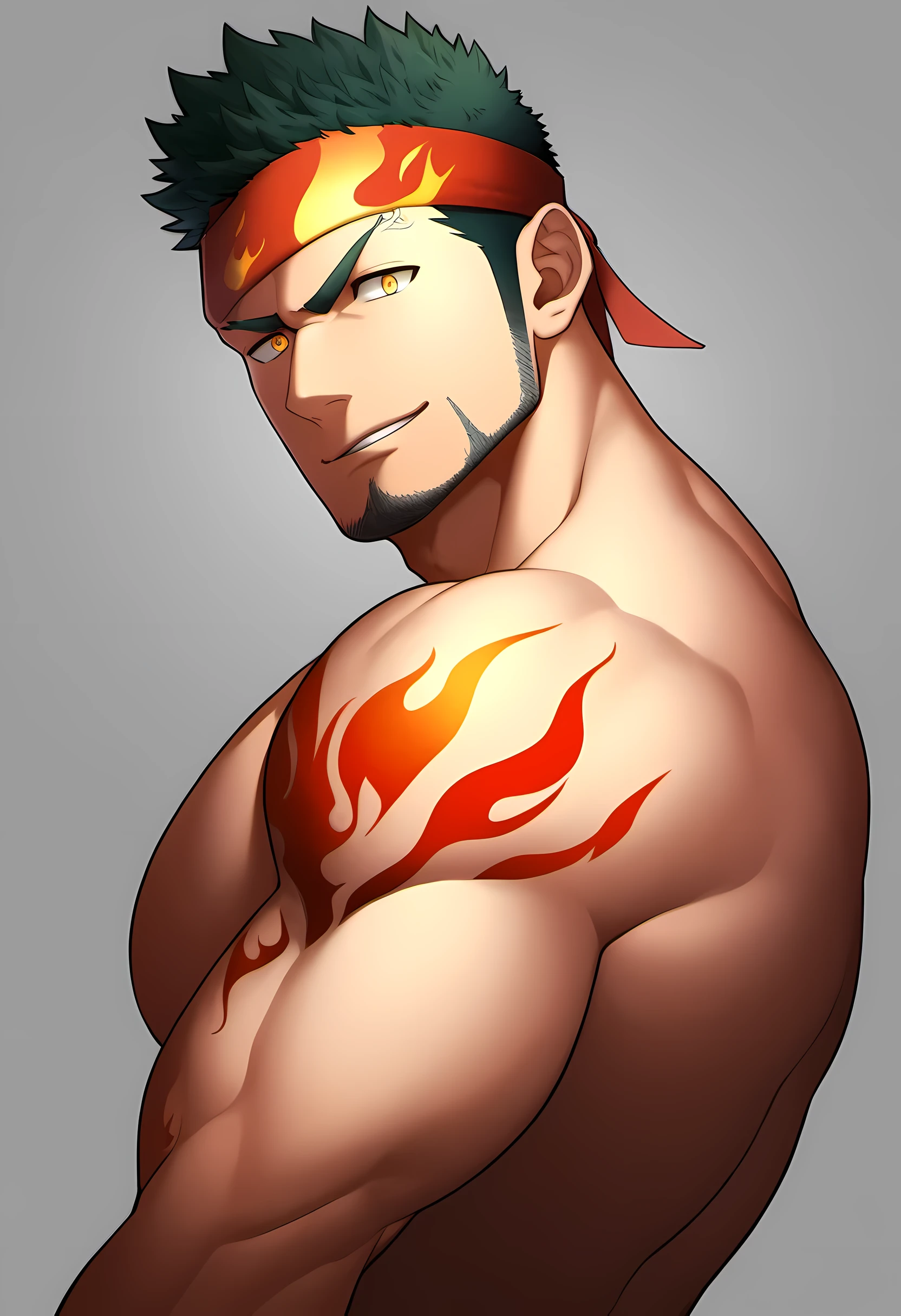 anime characters：Guy, Priapus, ung muscular man, male focus, Flame tattoo, Sport red headband, Scales cover the whole body, muscular male, muscular, only, Upper body, alone, short black hair, thick eyebrows, stubble, yellow eyes, White background, simple background, amazing quality, best aesthetics, Ridiculous, bright pupils, short hair, naughty face, torogao, open lips, best quality