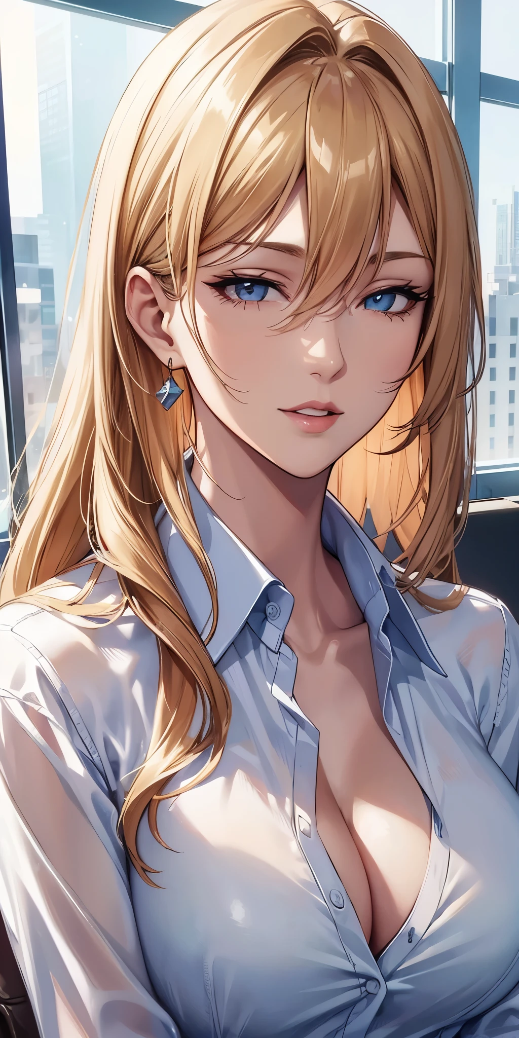 (best quality, highres), portrait, elegant boss lady, long straight hair, swept-side bang, [[[brown hair]]], blonde hair, high detailed eyes, transparent office shirt, see through shirt, cleavage, office window, flat color