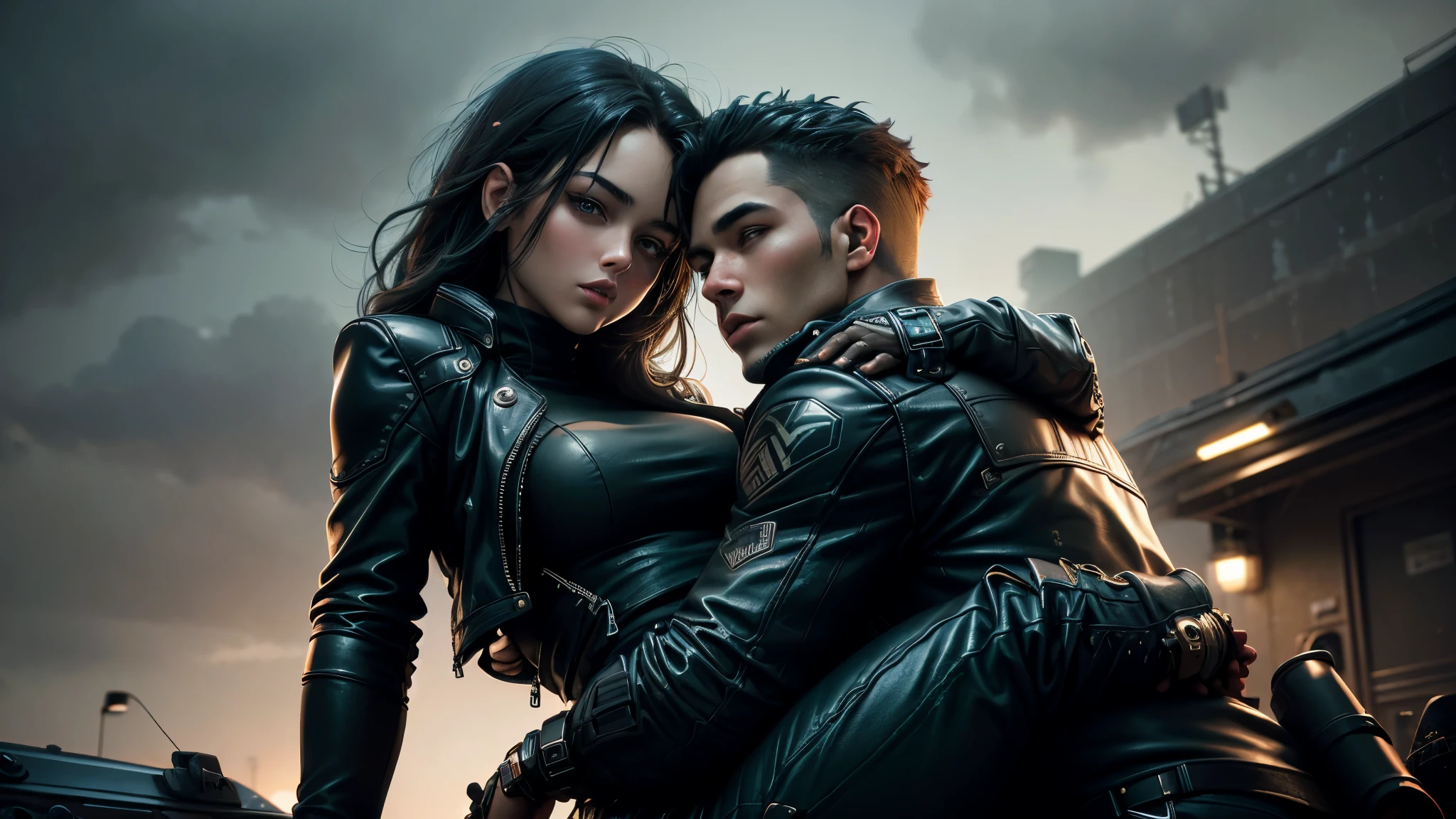 best quality, ultra high resolution,masterpiece, A sexy girl hugs a man wearing a black leather jacket,They were sitting on the roof of a Wrangler
