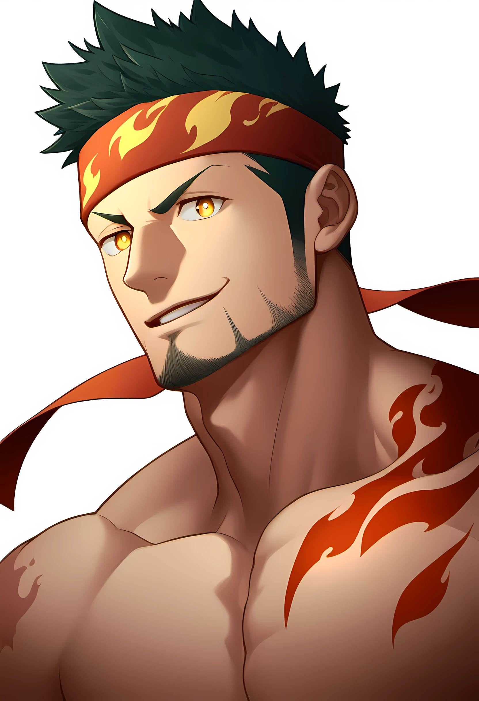 anime characters:Guy, Priapus, ung muscular man, male focus, Flame tattoo, Sport red headband, The body is covered with golden-red scales, muscular male, muscular, only, Upper body, alone, short black hair, thick eyebrows, stubble, yellow eyes, White background, simple background, amazing quality, best aesthetics, Ridiculous, bright pupils, short hair, naughty face, torogao, open lips, best quality