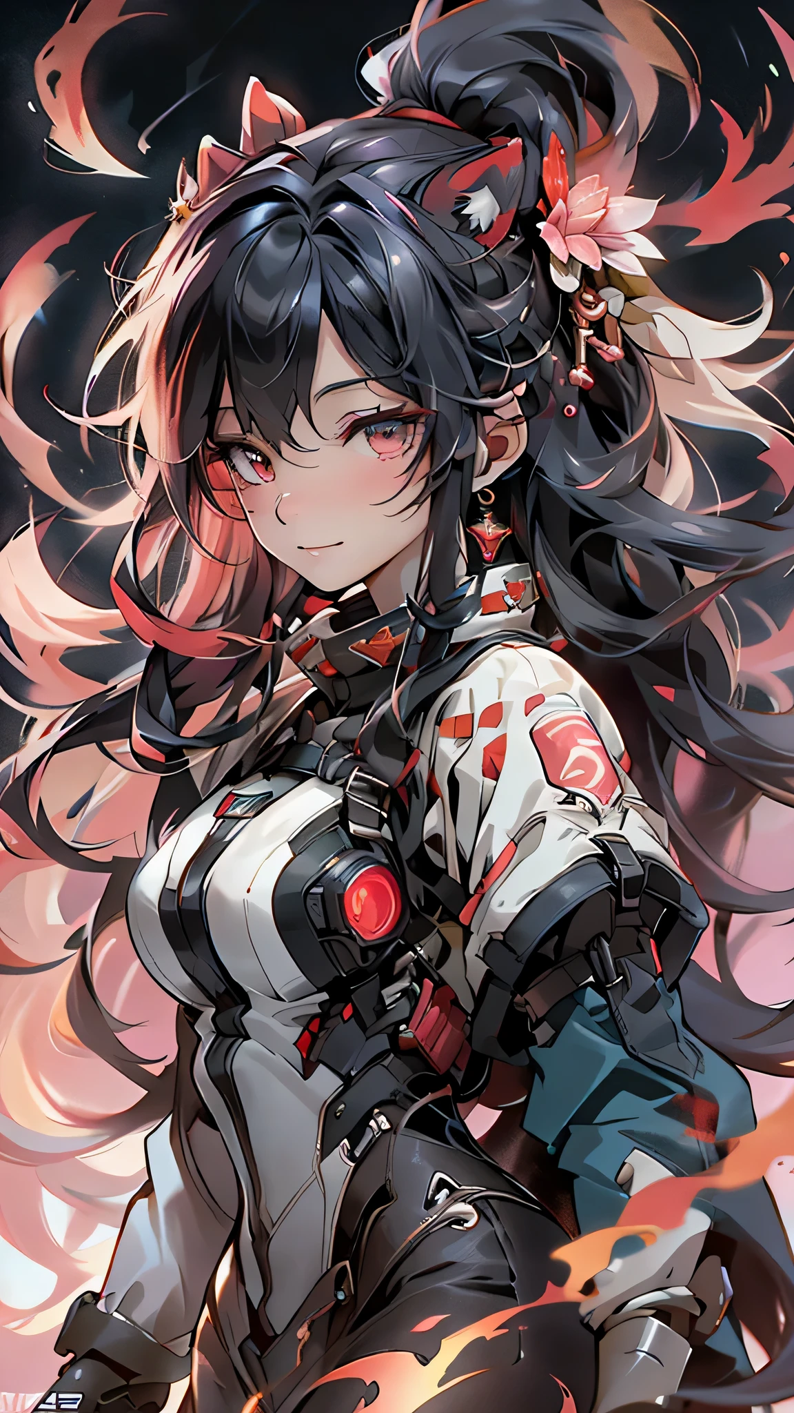 最high quality、best image quality、masterpiece、girl((20-year-old、 By becoming、vest bust、medium bust,wide open breast tea、shining eyes, neon hair、long hair、thin,highest valley、Black Hero Suit、Red Hero Mask、blue cloak、smile、full body tattoo,diamond earrings、Wristband、necklace、wrist set)),high quality、beautiful art、background((night、red thunder、storm、gust of wind、tornado))、Flight、debris flies、Depth of written boundary、movie、visual art、perfect art、8k,genuine、