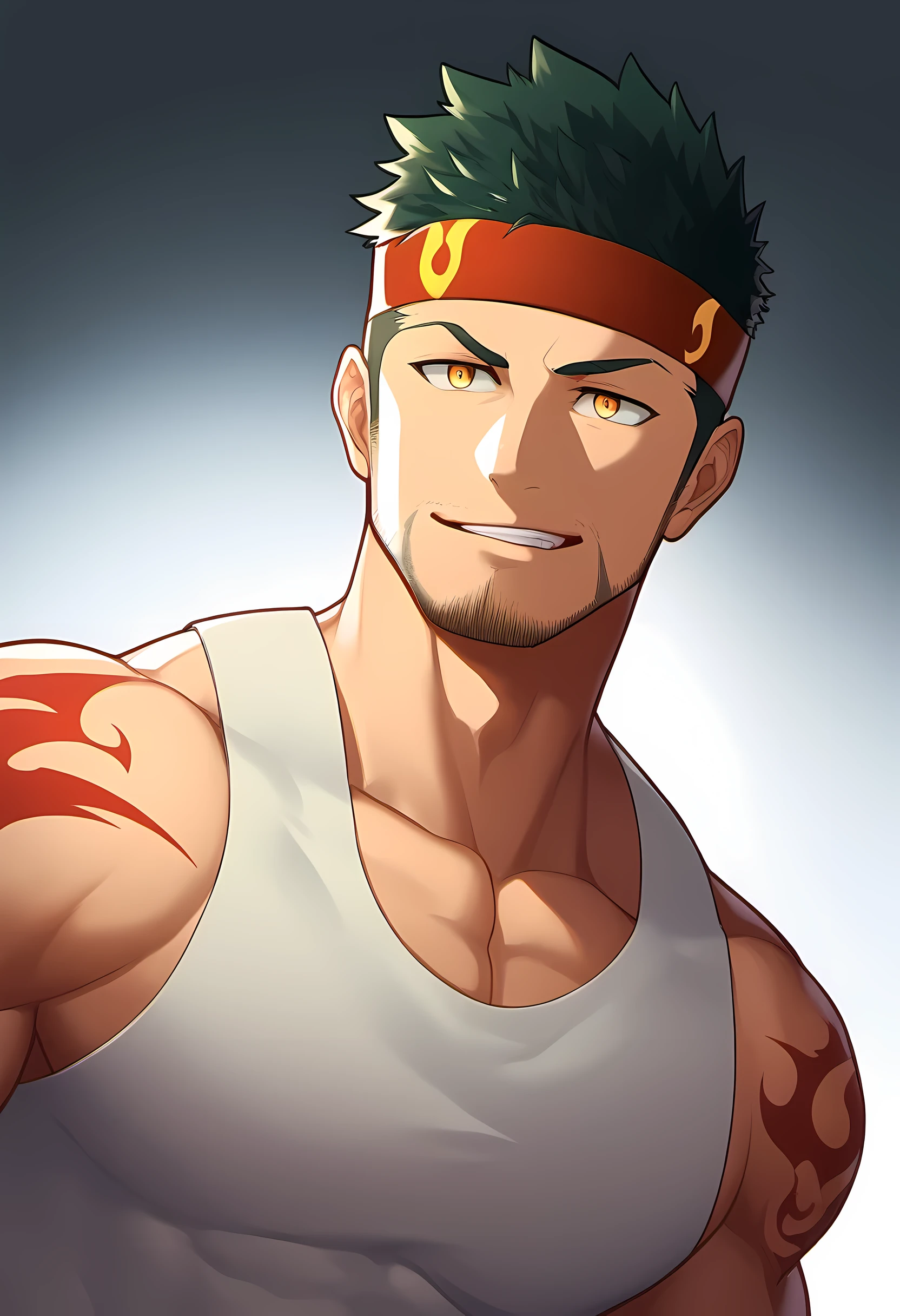 anime characters：Guy, Priapus, 1 young muscular man, male focus, Flame tattoo, Sport red headband, Cream spandex tight tank top, muscular male, muscular, only, Upper body, alone, short black hair, thick eyebrows, stubble, yellow eyes, White background, simple background, amazing quality, best aesthetics, Ridiculous, bright pupils, short hair, naughty face, torogao, open lips, halo, best quality