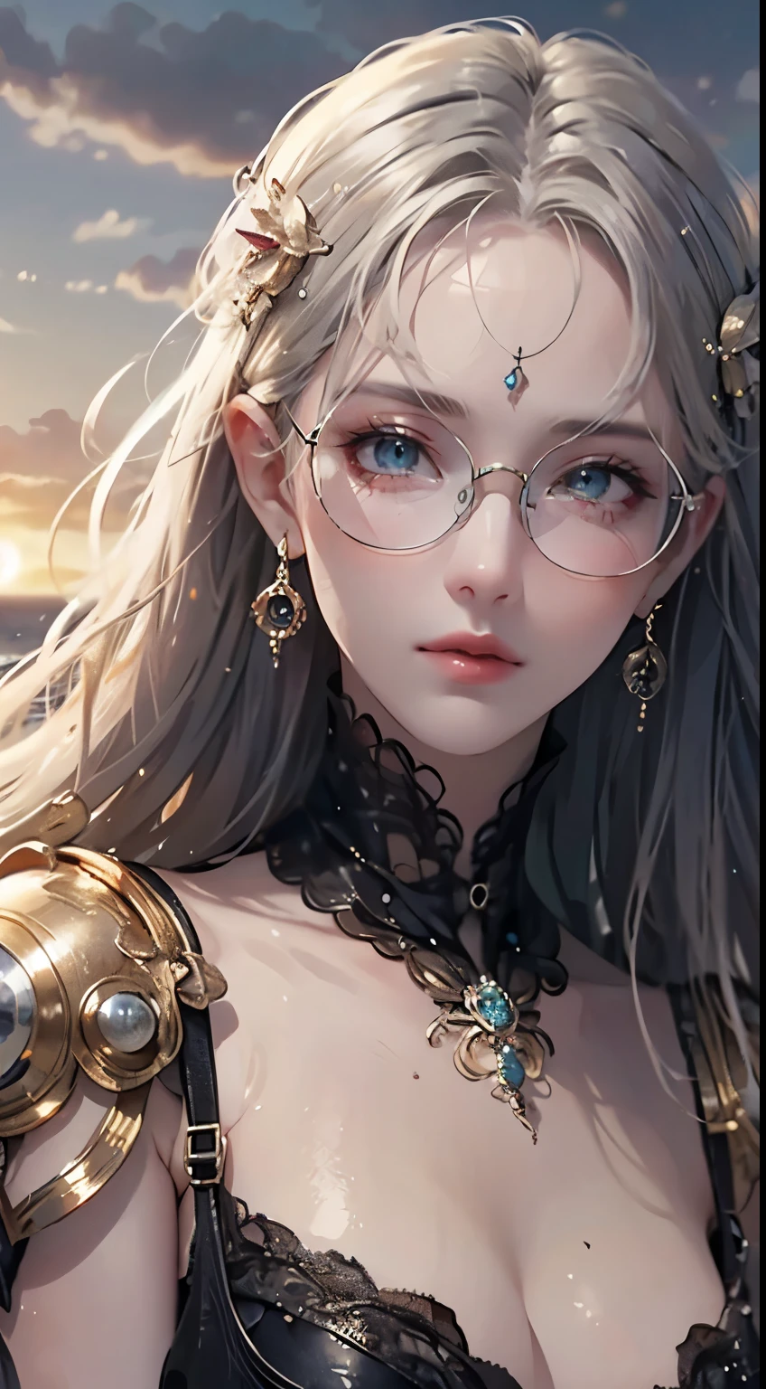 Maste piece, top quality, illustration, ultra-definition, detail, high resolution, 8K, perfect dynamic composition, beautiful eyes in every detail, wearing a dress, natural colored lips, beach, random cute pose, slender silver rimmed glasses, wearing glasses, perfect, beautiful face, cute, sexy face, sunset, feminine face