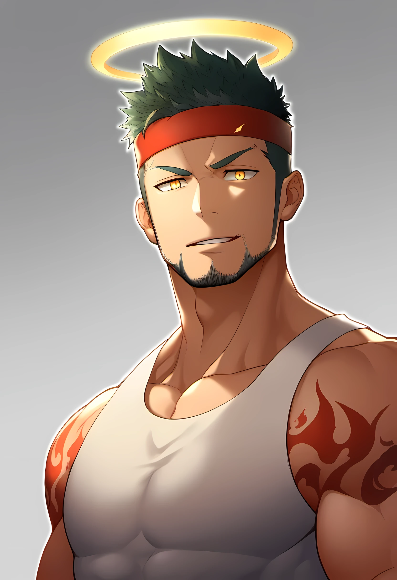 anime characters:Guy, Priapus, ung muscular man, male focus, Flame tattoo, Sport red headband, Cream spandex tight tank top, muscular male, muscular, only, Upper body, alone, short black hair, thick eyebrows, stubble, yellow eyes, White background, simple background, amazing quality, best aesthetics, Ridiculous, bright pupils, short hair, naughty face, torogao, open lips, halo, best quality