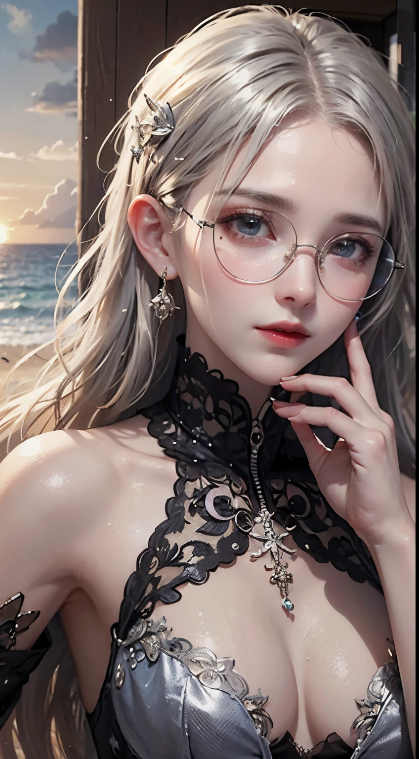 Maste piece, top quality, illustration, ultra-definition, detail, high resolution, 8K, perfect dynamic composition, beautiful eyes in every detail, wearing a dress, natural colored lips, beach, random cute pose, slender silver rimmed glasses, wearing glasses, perfect, beautiful face, cute, sexy face, sunset, feminine face