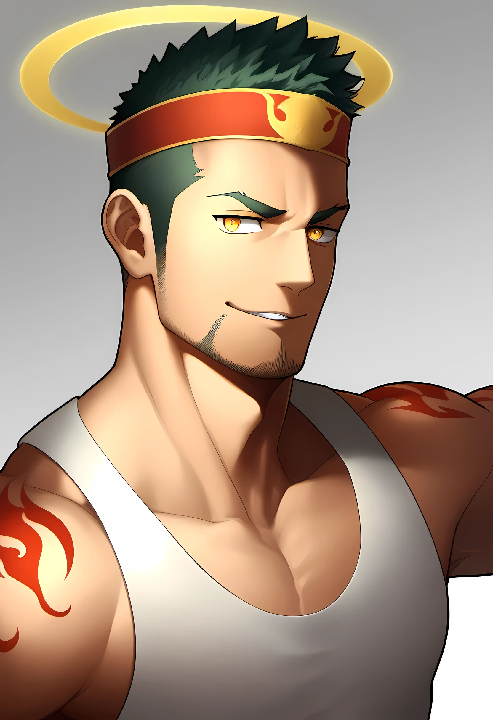 anime characters:Guy, Priapus, ung muscular man, male focus, Flame tattoo, Sport red headband, Cream spandex tight tank top, muscular male, muscular, only, Upper body, alone, short black hair, thick eyebrows, stubble, yellow eyes, White background, simple background, amazing quality, best aesthetics, Ridiculous, bright pupils, short hair, naughty face, torogao, open lips, halo, best quality