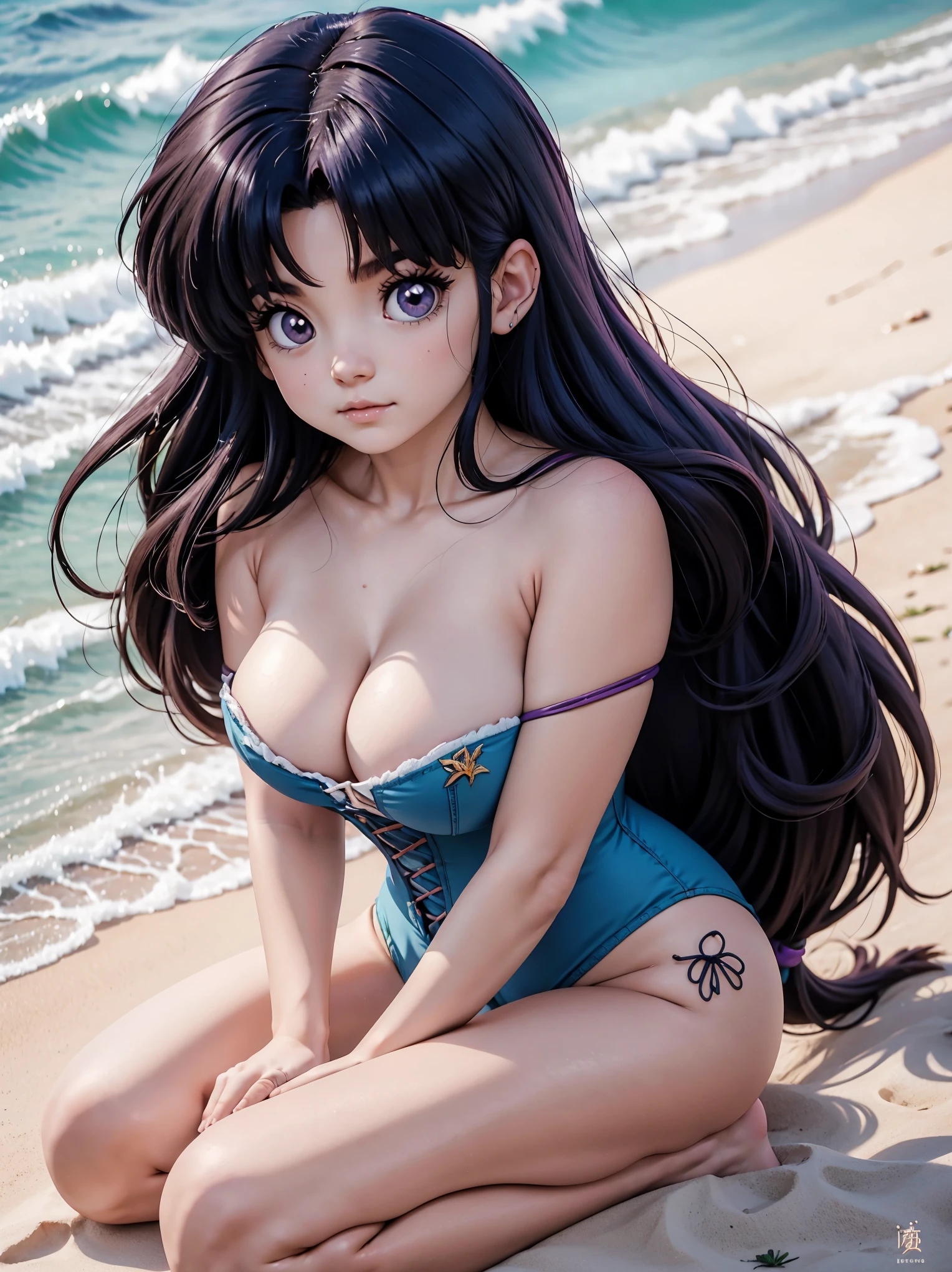 Garota anime cabelo escuro com bermuda jeans e corset pink, , corpo bonito, seios grandes, com as hands on chest, hands on chest, Garota sexy, purple cabelo, mechas de cabelo laterais, mechas de cabelo na lateral do rosto, beautiful lighting, sombras suaves, olhos azuis, pernas bonitas, cabelo curto, estilo anime, personagem Akane Tendo, Autora Rumiko Takahashi, Baseado em obra de Rumiko Takahashi, Anime Ranma 1/ 2, decote sexy, quadril robusto, corpo inteiro, corpo inteiro, busto grande, garota jovem com corpo belo e bonito, sandals on his feet, garota 16 anos usando bermuda jeans e corset pink, garota anime, estilo anime, beautiful feet in sandals, 45° viewing angle, ao ar livre, peito grande, seios bonitos, cabelo preto, sandals on the feet, pernas bonitas, sexy, belas pernas, Sandalias, seios grandes, corpo completo, corpo inteiro, feet with sandals, big