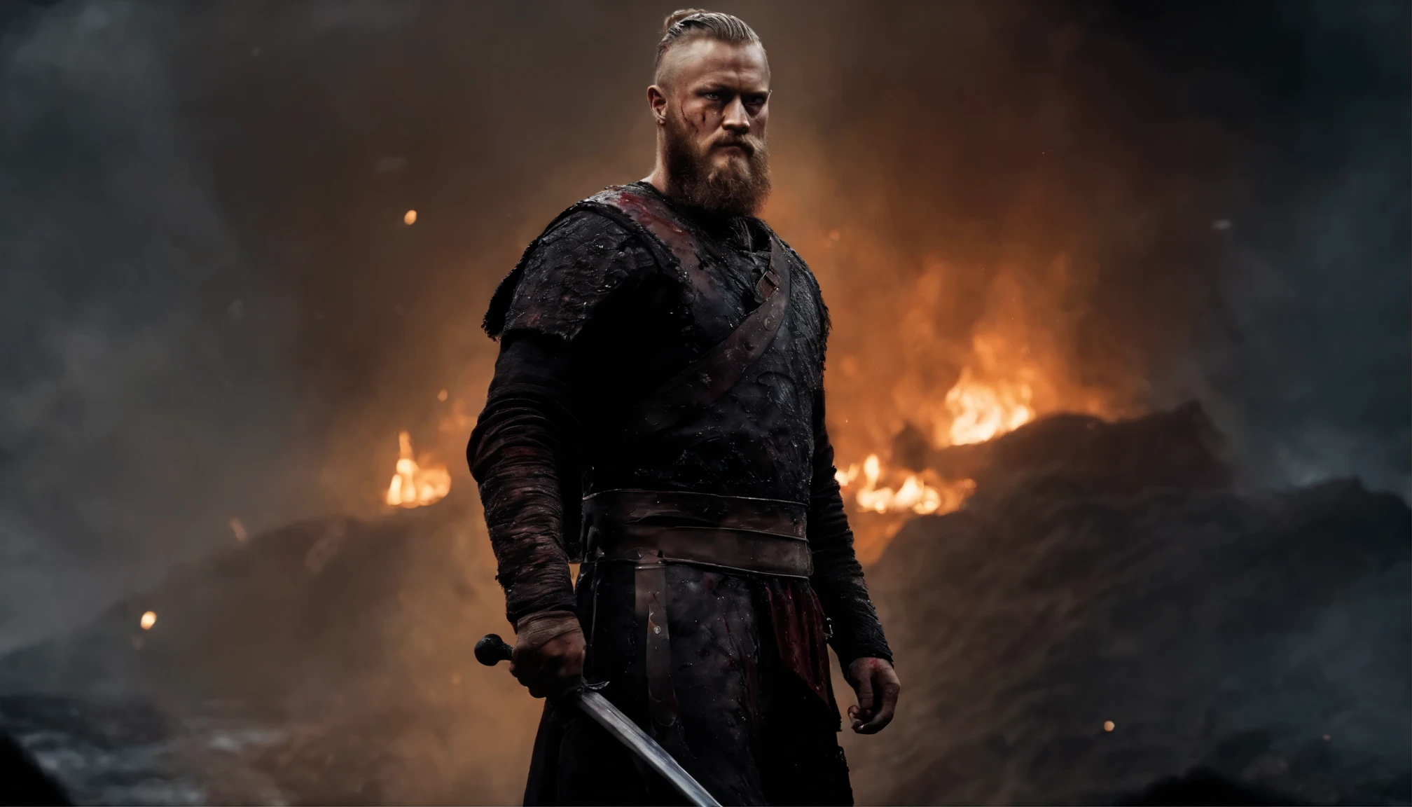 A stunning rendering of Ragnar Lothbrok, his half body covered in wounds and blood, his gaze fierce and unyielding, set against a dark and moody backdrop.