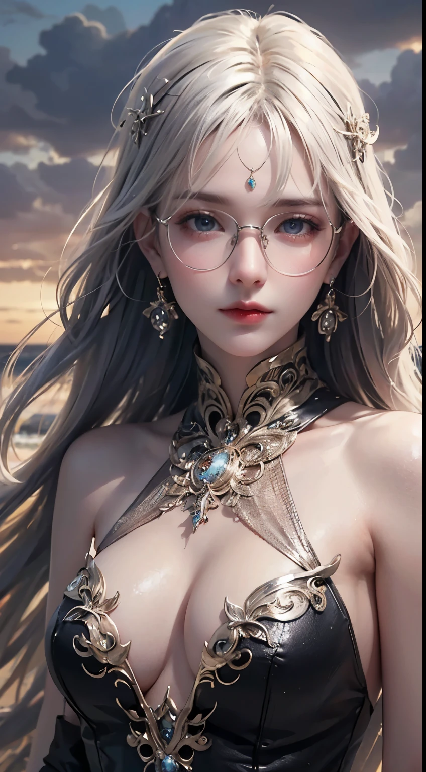 Maste piece, top quality, illustration, ultra-definition, detail, high resolution, 8K, perfect dynamic composition, beautiful eyes in every detail, wearing a dress, natural colored lips, beach, random cute pose, slender silver rimmed glasses, wearing glasses, perfect, beautiful face, cute, sexy face, sunset, feminine face