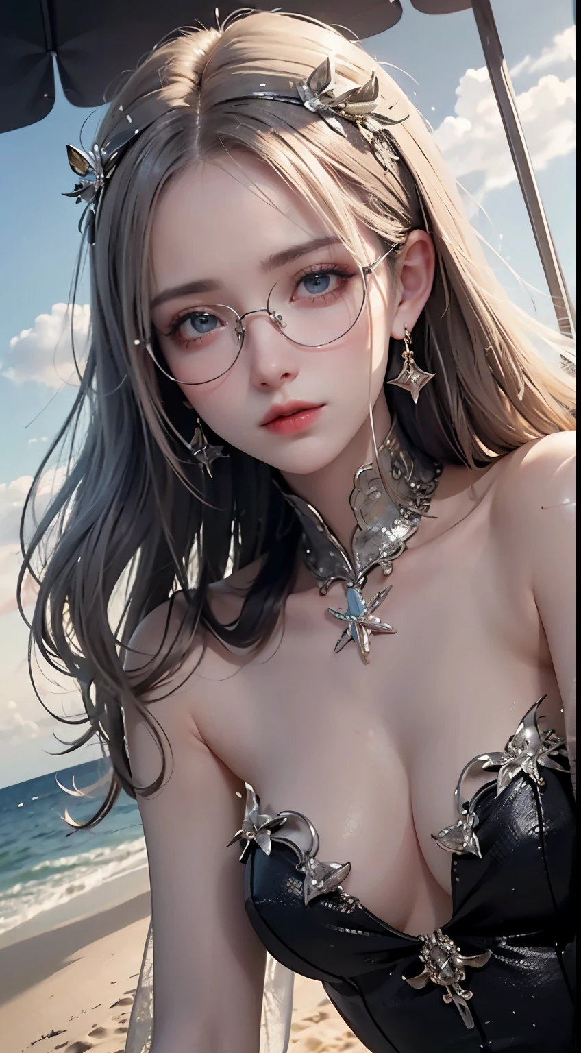 Maste piece, top quality, illustration, ultra-definition, detail, high resolution, 8K, perfect dynamic composition, beautiful eyes in every detail, wearing a dress, natural colored lips, beach, random cute pose, slender silver rimmed glasses, wearing glasses, perfect, beautiful face, cute, sexy face, sunset, feminine face
