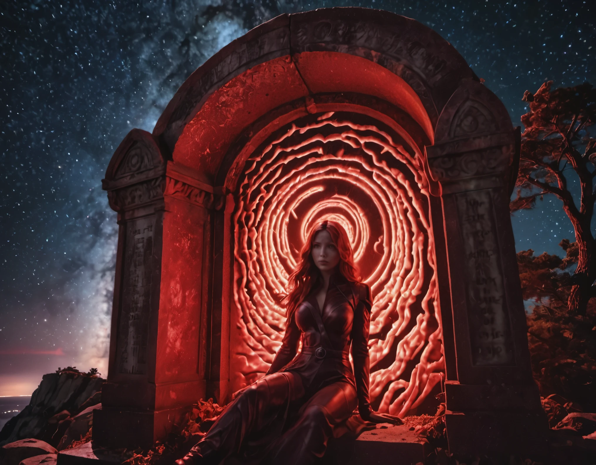 heroic stone (gravestone) of ([Black-widow|Marvel]), alone on the edge of a cliff, gateway nighttime backlit mystical swirls of vibrant red cosmic lights lightbeams high-saturation, analog photo (film grain)