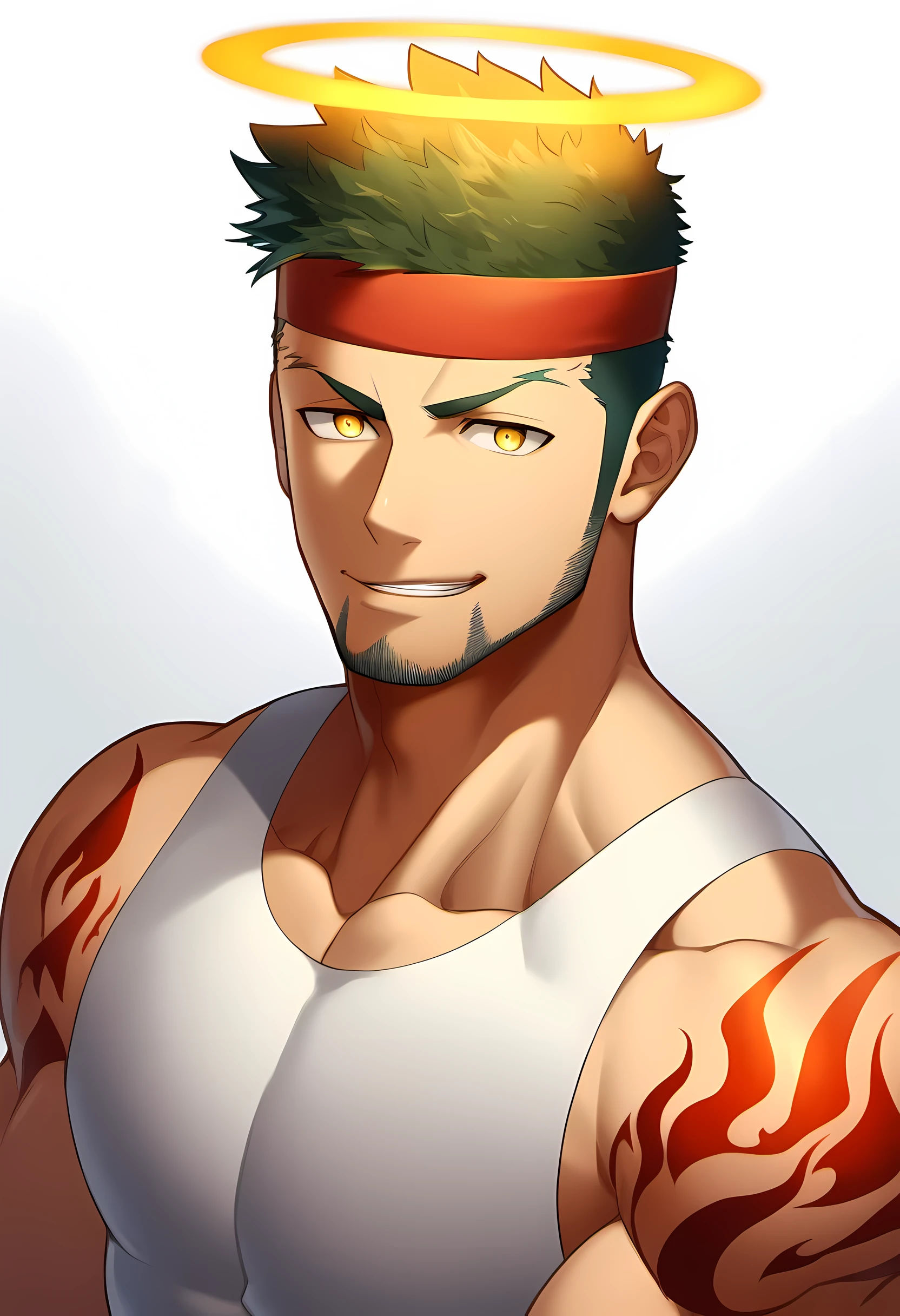 anime characters：Guy, Priapus, 1 young muscular man, male focus, Flame tattoo, Sport red headband, Cream spandex tight tank top, muscular male, muscular, only, Upper body, alone, short black hair, thick eyebrows, stubble, yellow eyes, White background, simple background, amazing quality, best aesthetics, Ridiculous, bright pupils, short hair, naughty face, torogao, open lips, halo, divine light, best quality