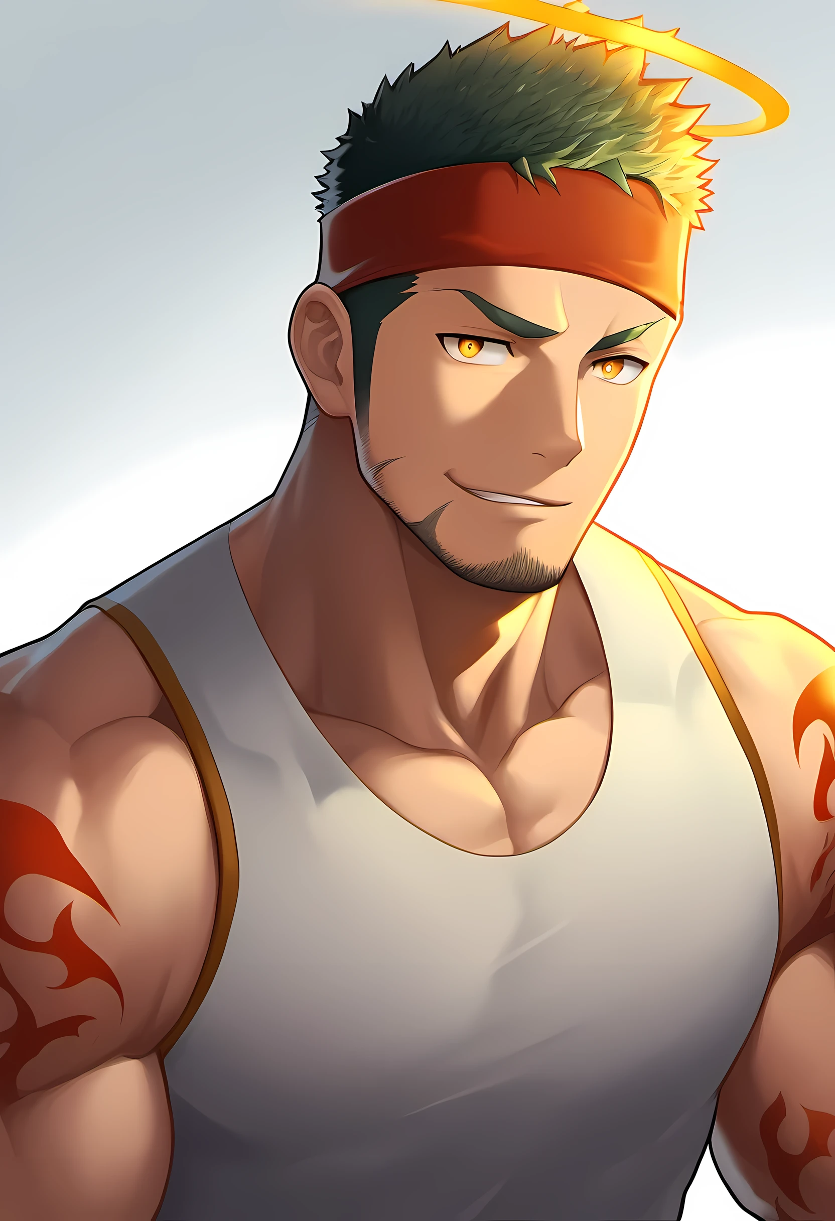 anime characters：Guy, Priapus, ****ung muscular man, male focus, Flame tattoo, Sport red headband, Cream spandex tight tank top, muscular male, muscular, only, Upper body, alone, short black hair, thick eyebrows, stubble, yellow eyes, White background, simple background, amazing quality, best aesthetics, Ridiculous, bright pupils, short hair, naughty face, torogao, open lips, halo, divine light, best quality