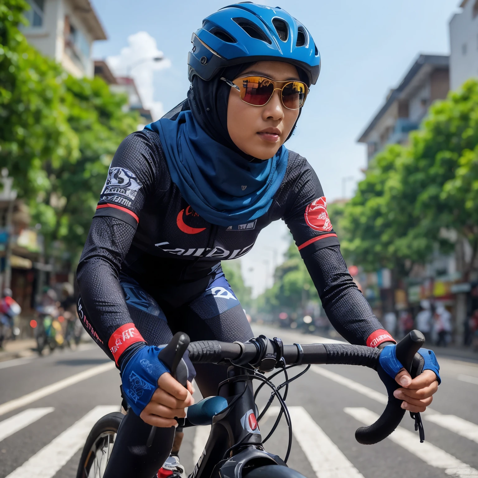 "Karikatur 4D, wanita Indonesia 40 tahun, mengenakan hijab, mengenakan helm sepeda berwarna biru, memakai jersey tangan panjang perpaduan warna hitam dan merah, memakai sarung tangan sepeda, celana panjang, mengendarai sepeda roadbike, di jalan dekat kota jakarta, latar belakang jalan indonesia, hyper-realistis, kontras tinggi, efek warna tinggi, 8K, detail, fokus"