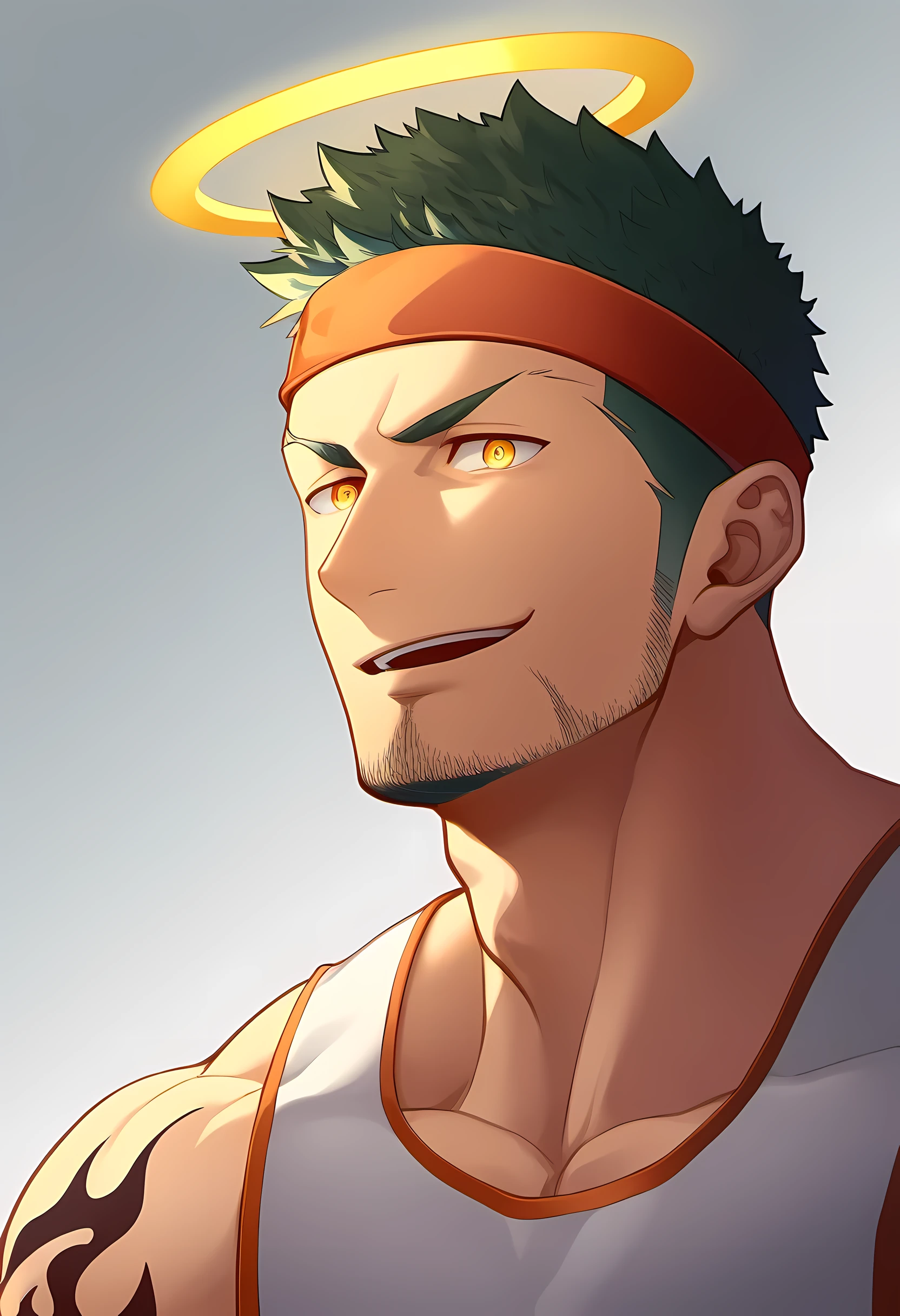 anime characters：Guy, Priapus, 1 young muscular man, male focus, Flame tattoo, Sport red headband, Cream spandex tight tank top, muscular male, muscular, only, Upper body, alone, short black hair, thick eyebrows, stubble, yellow eyes, White background, simple background, amazing quality, best aesthetics, Ridiculous, bright pupils, short hair, naughty face, torogao, open lips, halo, divine light, best quality