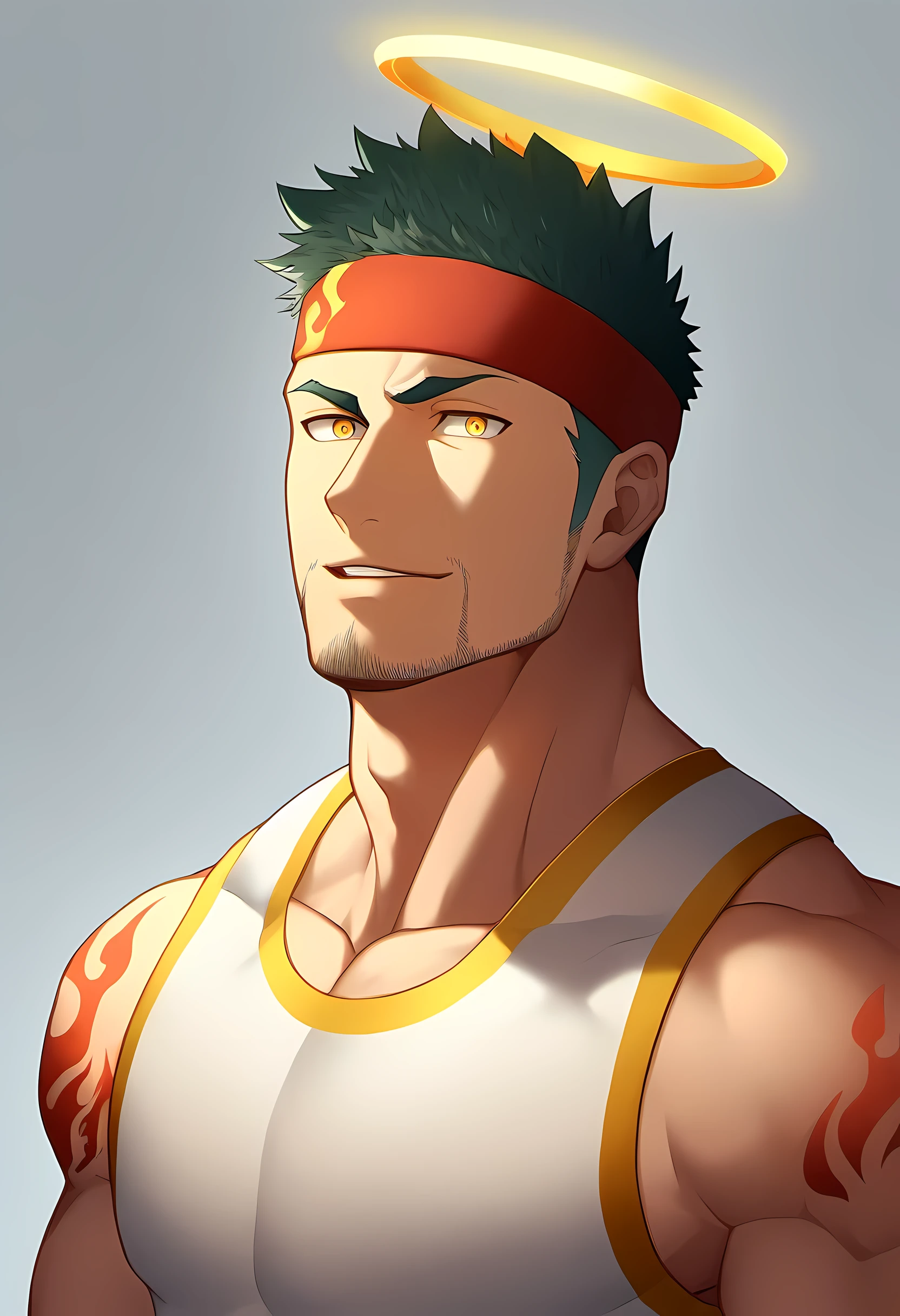 anime characters:Guy, Priapus, 1 muscular man god, Flame tattoo, Sport red headband, Cream spandex tight tank top, muscular male, muscular, only, Upper body, alone, short black hair, thick eyebrows, stubble, yellow eyes, White background, simple background, amazing quality, best aesthetics, Ridiculous, bright pupils, short hair, naughty face, torogao, open lips, halo, divine light, best quality