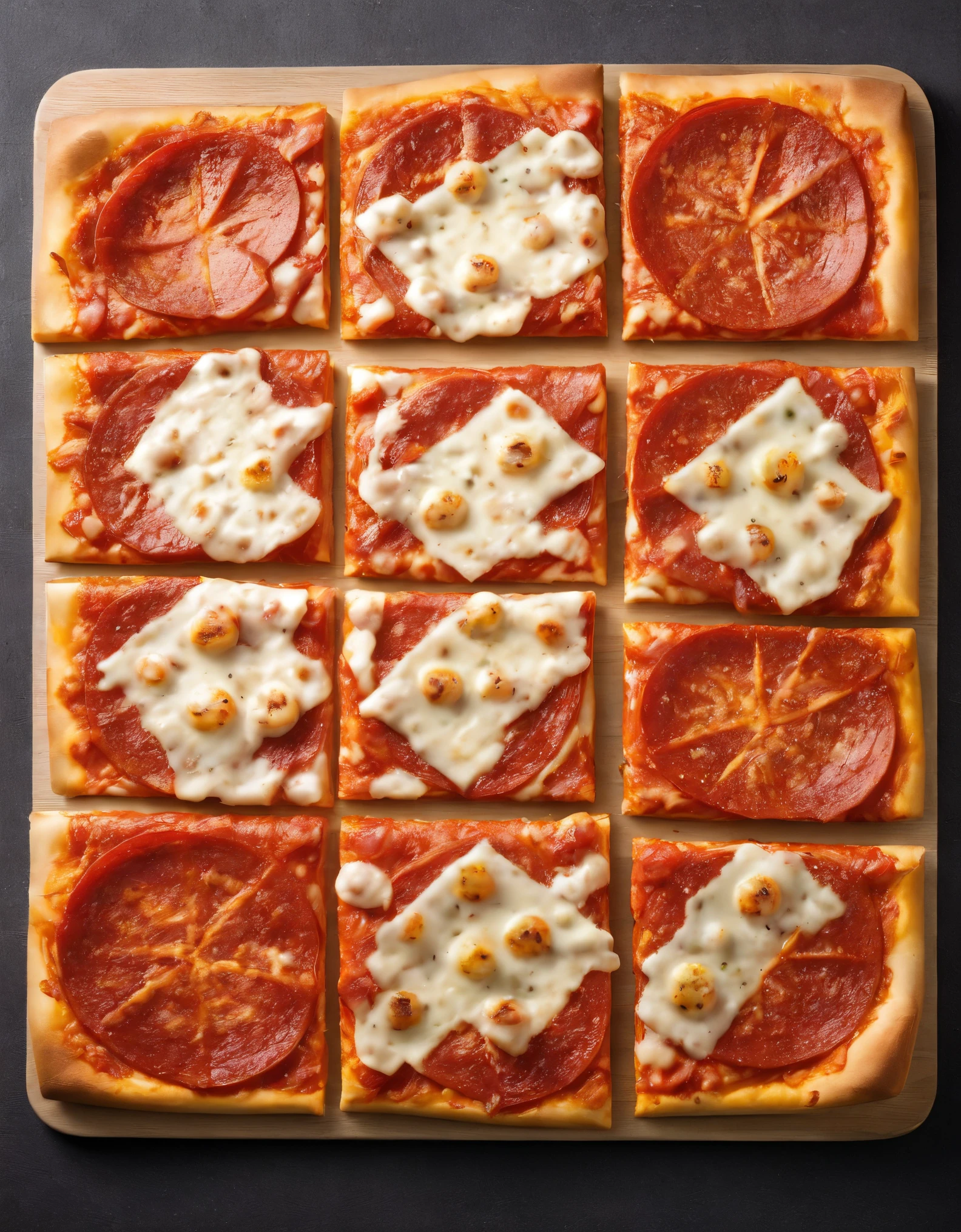 a photo of a square-shaped pizza, chunks, high resolution, beautiful, highest quality, masterpiece, highly detailed, high saturation