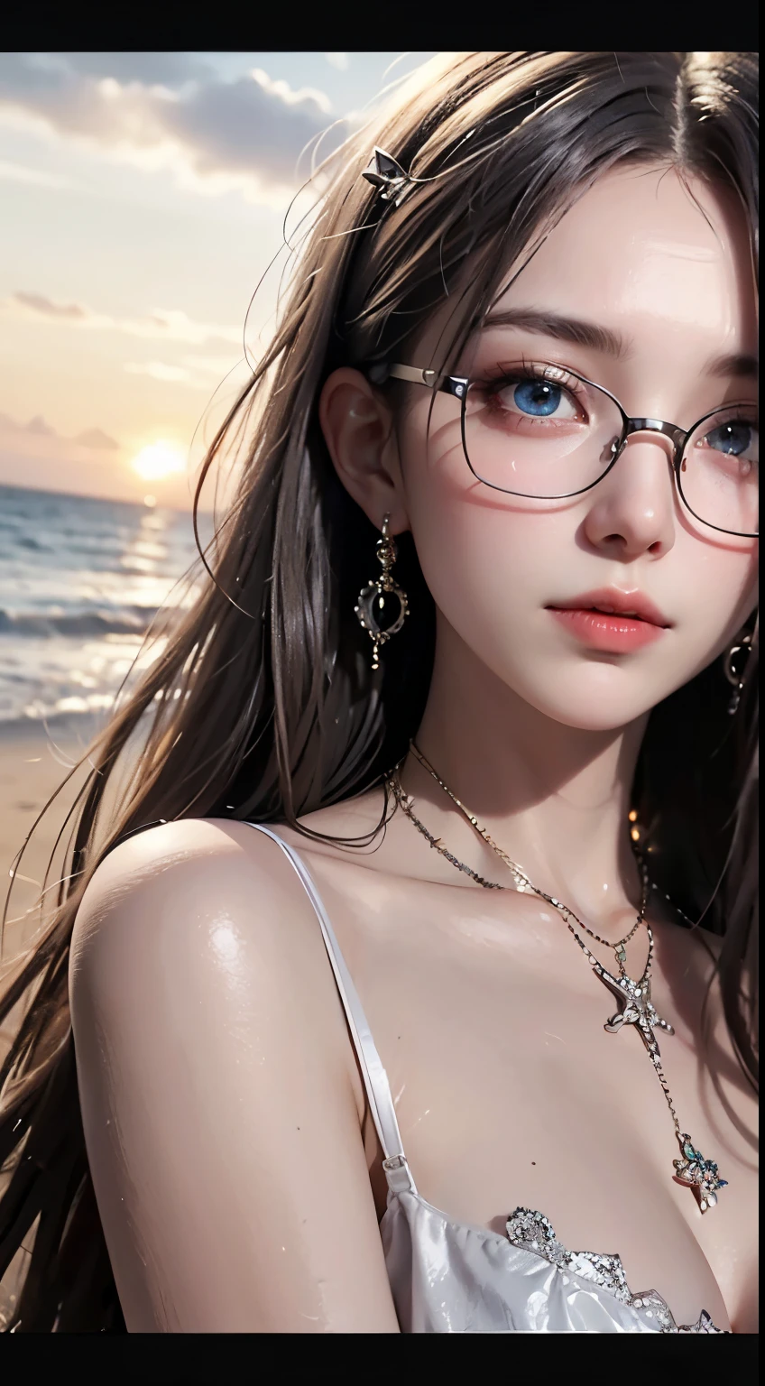 Maste piece, top quality, illustration, ultra-definition, detail, high resolution, 8K, perfect dynamic composition, beautiful eyes in every detail, wearing a dress, natural colored lips, beach, random cute pose, slender silver rimmed glasses, wearing glasses, perfect, beautiful face, cute, sexy face, sunset, feminine face