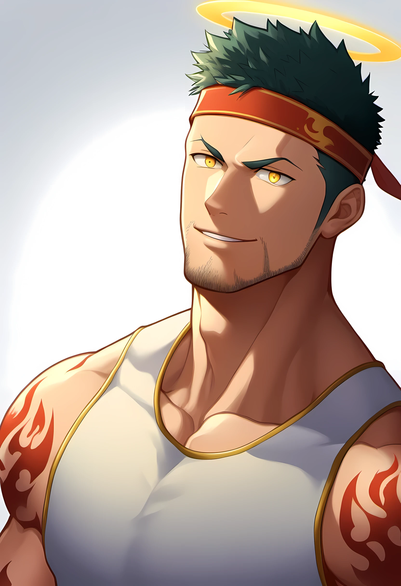 anime characters:Guy, Priapus, 1 muscular man god, Flame tattoo, Sport red headband, Cream spandex tight tank top, muscular male, muscular, only, Upper body, alone, short black hair, thick eyebrows, stubble, yellow eyes, White background, simple background, amazing quality, best aesthetics, Ridiculous, bright pupils, short hair, naughty face, torogao, open lips, halo, divine light, best quality