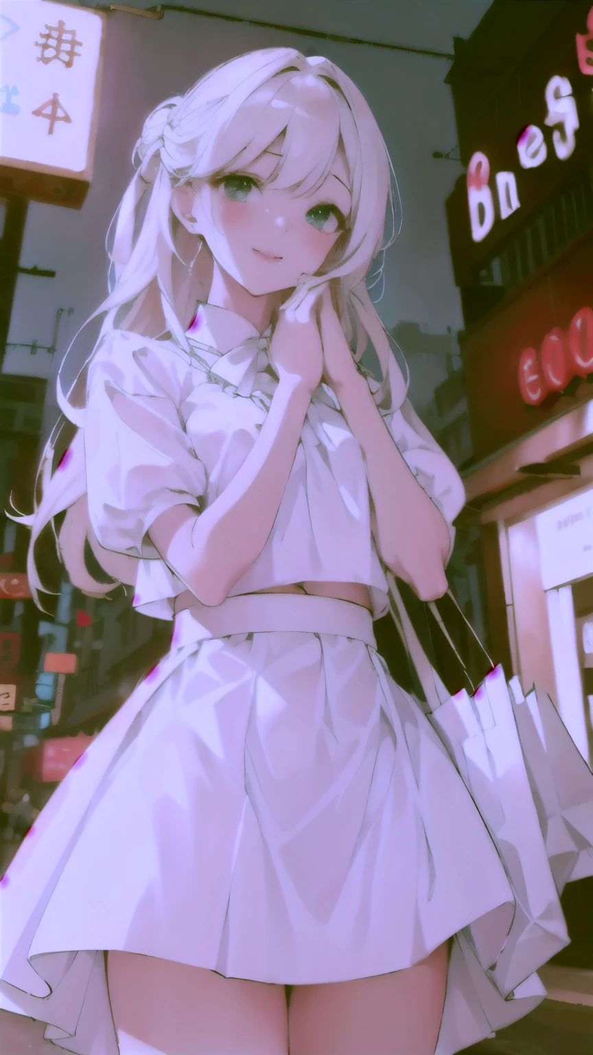 Vulgar,low angle,from below, ((panty shot)),(nsfw), ((lifting skirt)),((white panties focus)), ((1girl, lifting skirt with her own hands, pinching skirt,showing off white pantieasterpiece:1.4, best quality)), ((masterpiece, highest resolution)), (beautiful illustration),semi long beautiful silver-blonde mix hair, (white elegant blouse) and (white elegant flair skirt), (looking at the viewer),
innocent smile, lovely smile,night,shopping mall street, neon,cinematic lighting,
cinematic lighting,