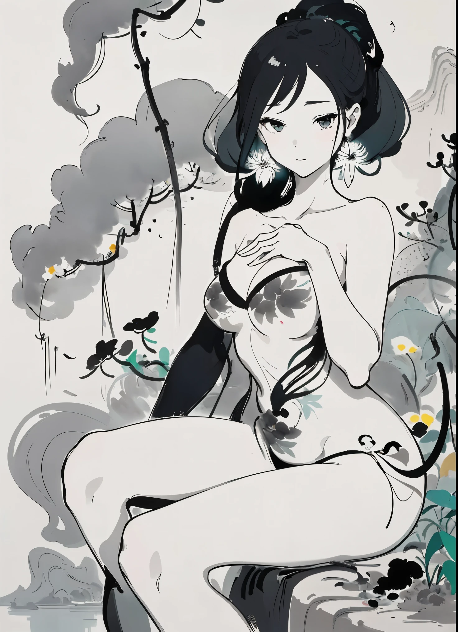 An elegant and abstract female figure depicted with a minimalist and ethereal style. She has a stylized silhouette with flowing lines and a monochrome color palette, primarily black and white with touches of sepia. Her face is serene with simple, delicate features and a hint of blush on her cheeks. She appears to be in a meditative state, with smoke-like strokes emanating from her body, suggesting a fusion of the figure with the surrounding space. whole body, in the style of wu guanzhong, The background is light gray and green, Floral fragrance,whimsical, ink wash, cityscape, riverbank, boat,traditional media, blue sky, overgrown, plants,flowershighly detailed,ultra-detailed