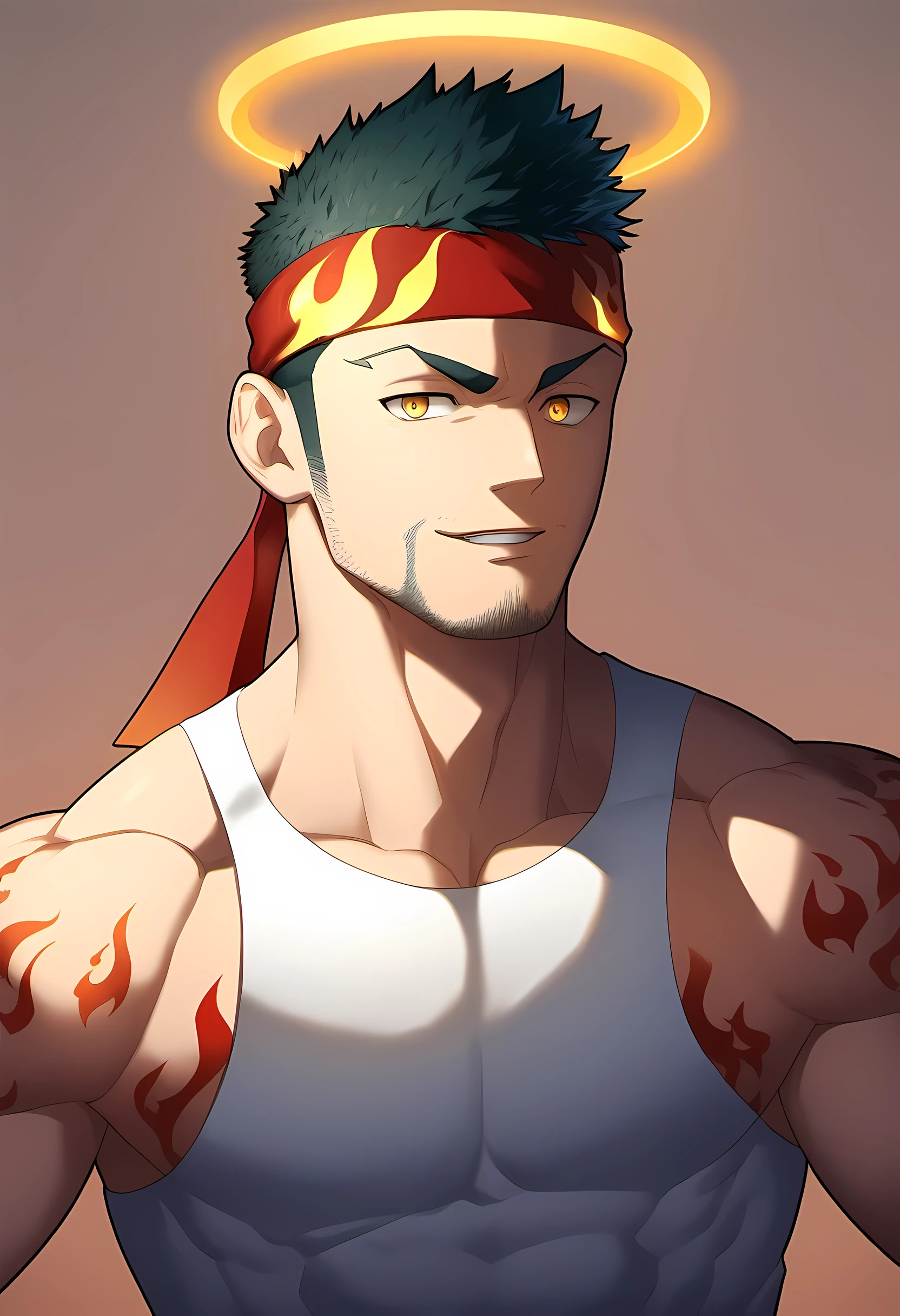 anime characters:Guy, Priapus, 1 muscular man god, Flame tattoo, Sport red headband, Cream spandex tight tank top, muscular male, muscular, only, Upper body, alone, short black hair, thick eyebrows, stubble, yellow eyes, White background, simple background, amazing quality, best aesthetics, Ridiculous, bright pupils, short hair, naughty face, torogao, open lips, halo, divine light, chiaroscuro, shadow, best quality