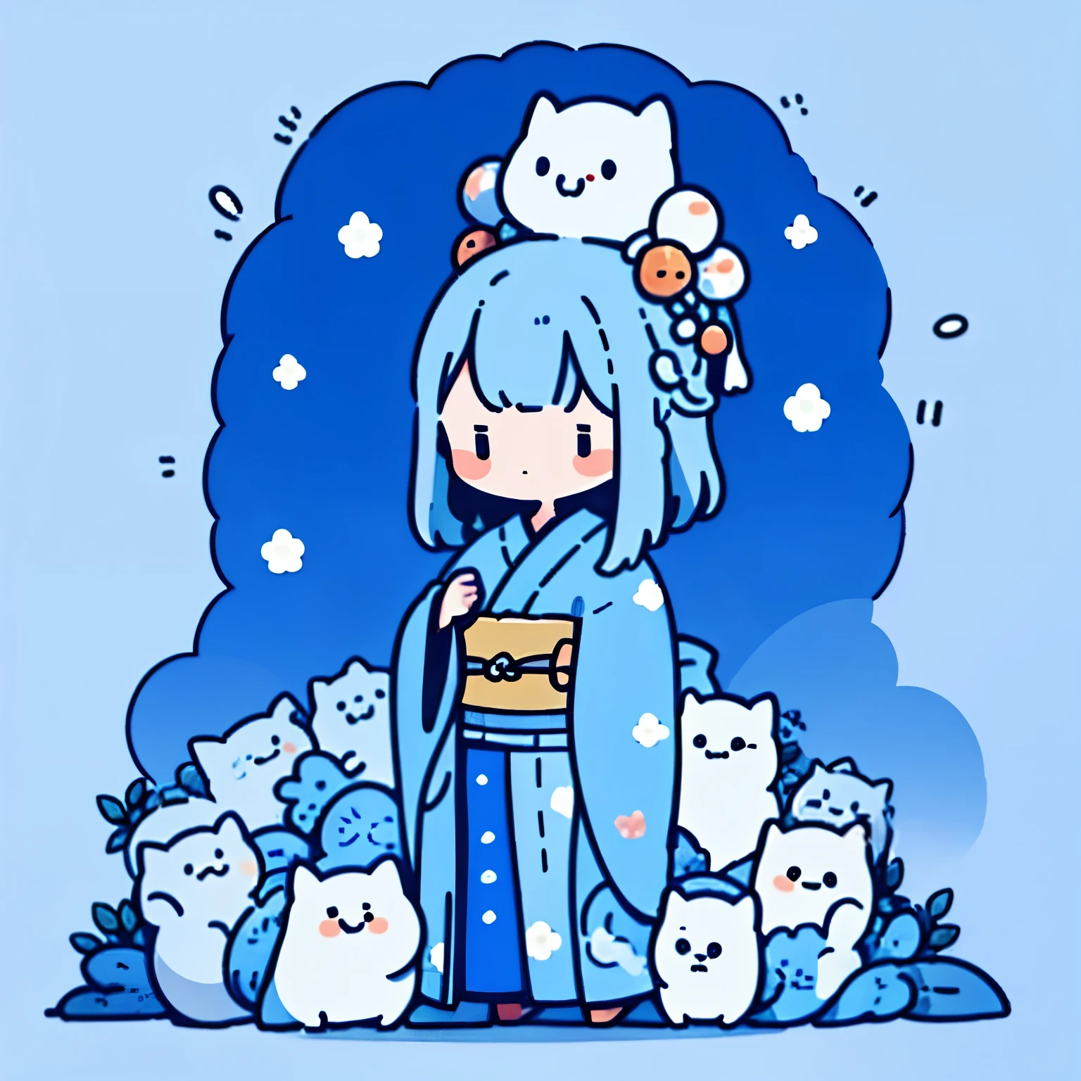 masterpiece, Emperor's wife in the Chinese court, elegant and gorgeous kimono and decorations, blue hair, blue kimono, exposed chest, background monochromatic pastel colors, lots of question marks, chibi avatar, c1b1