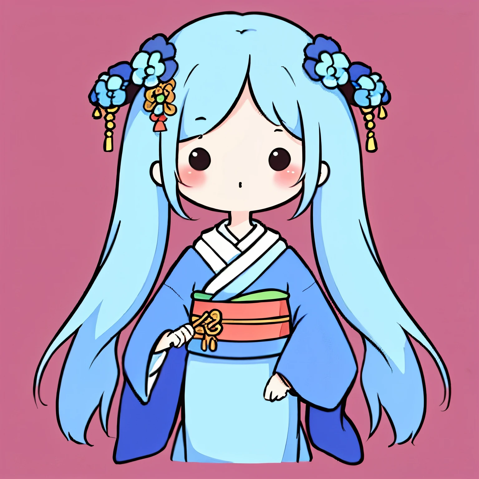 masterpiece, Emperor's wife in the Chinese court, elegant and gorgeous kimono and decorations, blue hair, blue kimono, exposed chest, background monochromatic pastel colors, lots of question marks, chibi avatar, c1b1, black eyes