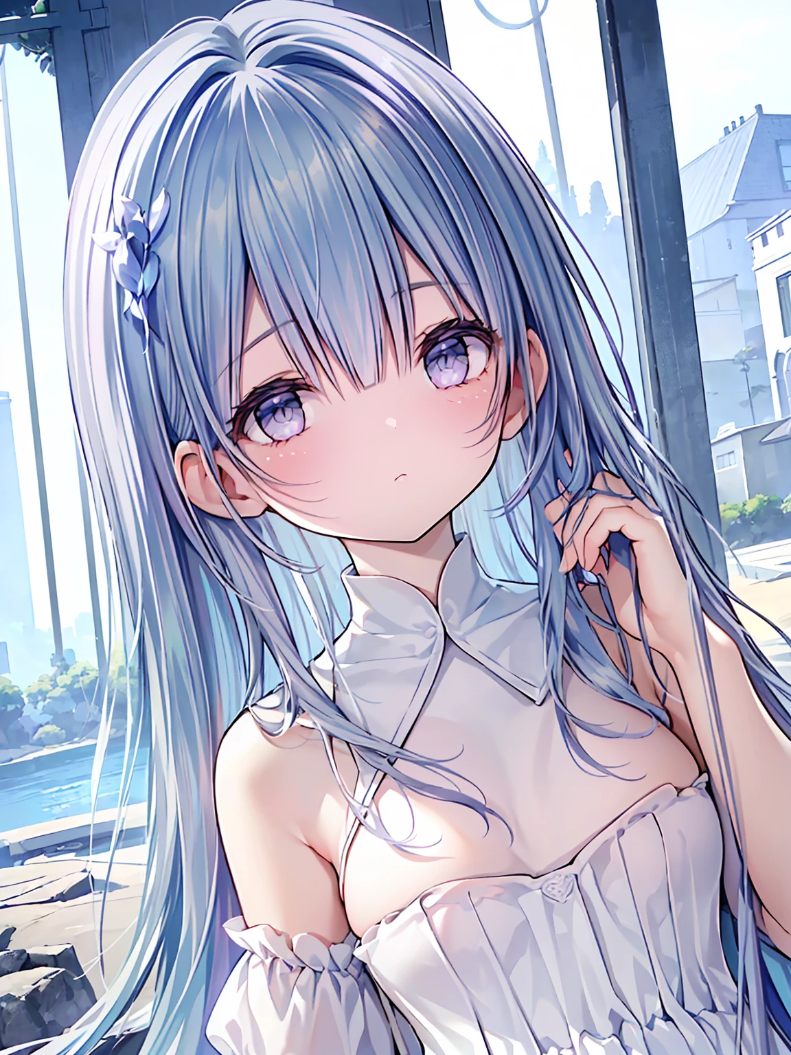 masterpiece, best quality, extremely detailed, (illustration, official art:1.1), 1 girl ,(((( light blue long hair)))), light blue hair, ,10 years old, long hair ((blush)) , small breasts,cute face, big eyes, masterpiece, best quality,(((((a very delicate and beautiful girl))))),Amazing,beautiful detailed eyes,blunt bangs((((little delicate girl)))),tareme(true beautiful:1.2),seductive smile, sense of depth,dynamic angle,,,,affectionate smile, ,(tiny 1girl model:1.2) ((masterpiece, best quality, extremely detailed, absurdreelhor qualidade,4k,8k,high resolution,obra de arte:1.2),ultra-detalhado,(realista,photorealista,photo-realista:1.37), cores vibrantes, soft lighting, estilo anime, flores de lavanda, peaceful atmosphere, flowing dress, cabelo solto, olhos brilhantes, a delicate facial features, castle silhouette in the distance, paisagem sonhadora, Brisa suave, tons roxos, happy expression, serene sky, panoramic view, ambiente tranquilo, lavender fragrance, panoramic perspective, ambiente calmo e sereno, dreamlike environment, Immersive experience, apelo caprichoso, surrealista touch, perfect balance of light and shadow, harmonious composition, picturesque scenery, postura graciosa, romantic setting, ethereal beauty