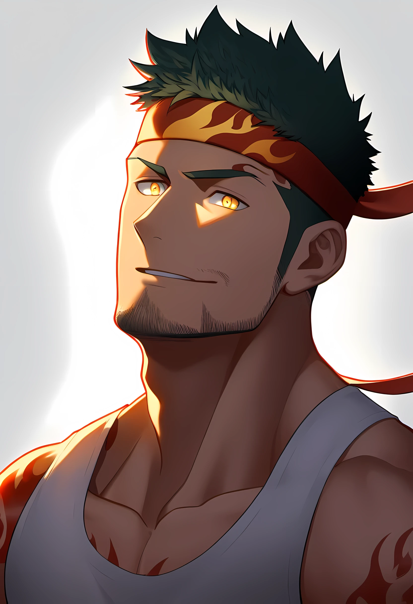 anime characters：Guy, Priapus, 1 muscular man god, Flame tattoo, Sport red headband, Cream spandex tight tank top, muscular male, muscular, only, Upper body, alone, short black hair, thick eyebrows, stubble, yellow eyes, White background, simple background, amazing quality, best aesthetics, Ridiculous, bright pupils, short hair, naughty face, torogao, open lips,  divine light, chiaroscuro, shadow, best quality