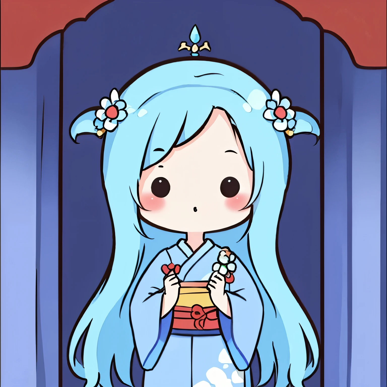 masterpiece, Emperor's wife in the Chinese court, elegant and gorgeous kimono and decorations, blue hair, blue kimono, exposed chest, background monochromatic pastel colors, lots of question marks, chibi avatar, c1b1, black eyes
