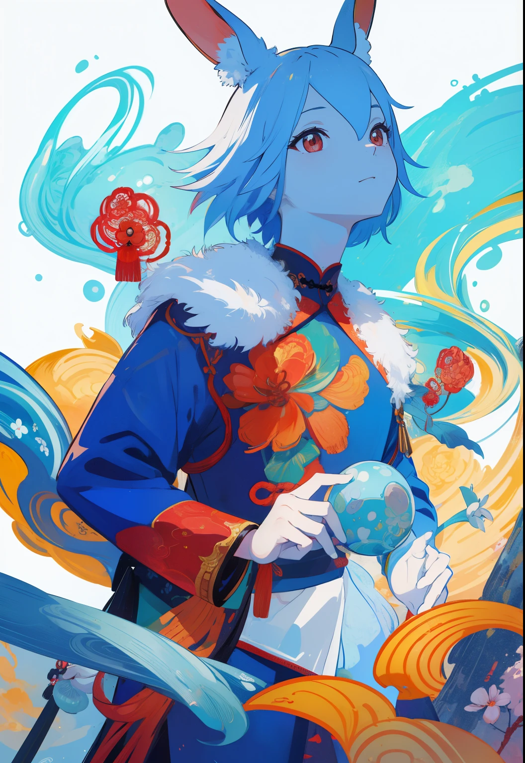 (Chinese aesthetics:1.5),Psychedelic,rabbit,big color block,White,blue, Upper body