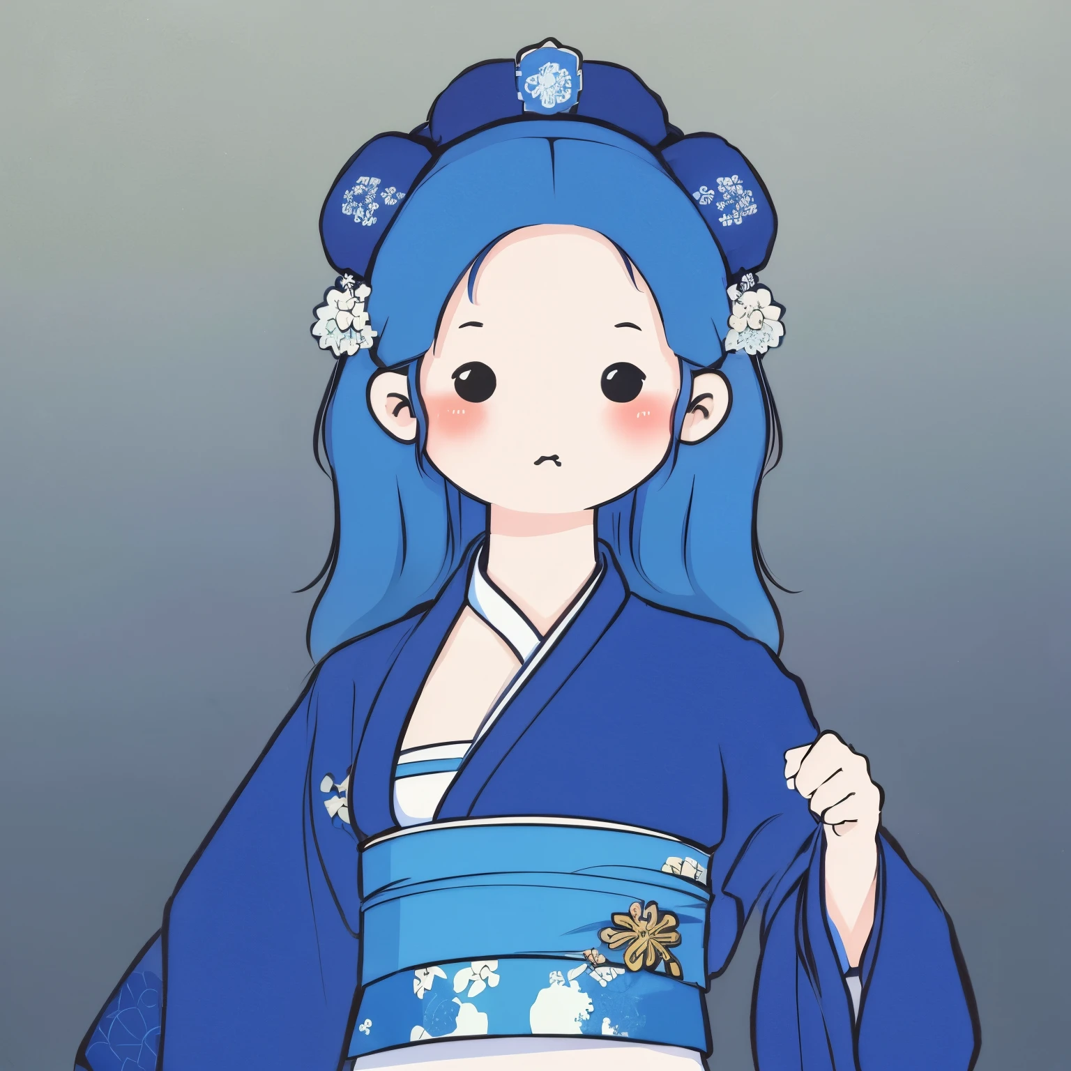 masterpiece, Emperor's wife in the Chinese court, elegant and gorgeous kimono and decorations, blue hair, blue kimono, exposed chest, background monochromatic pastel colors, lots of question marks, chibi avatar, c1b1, black eyes